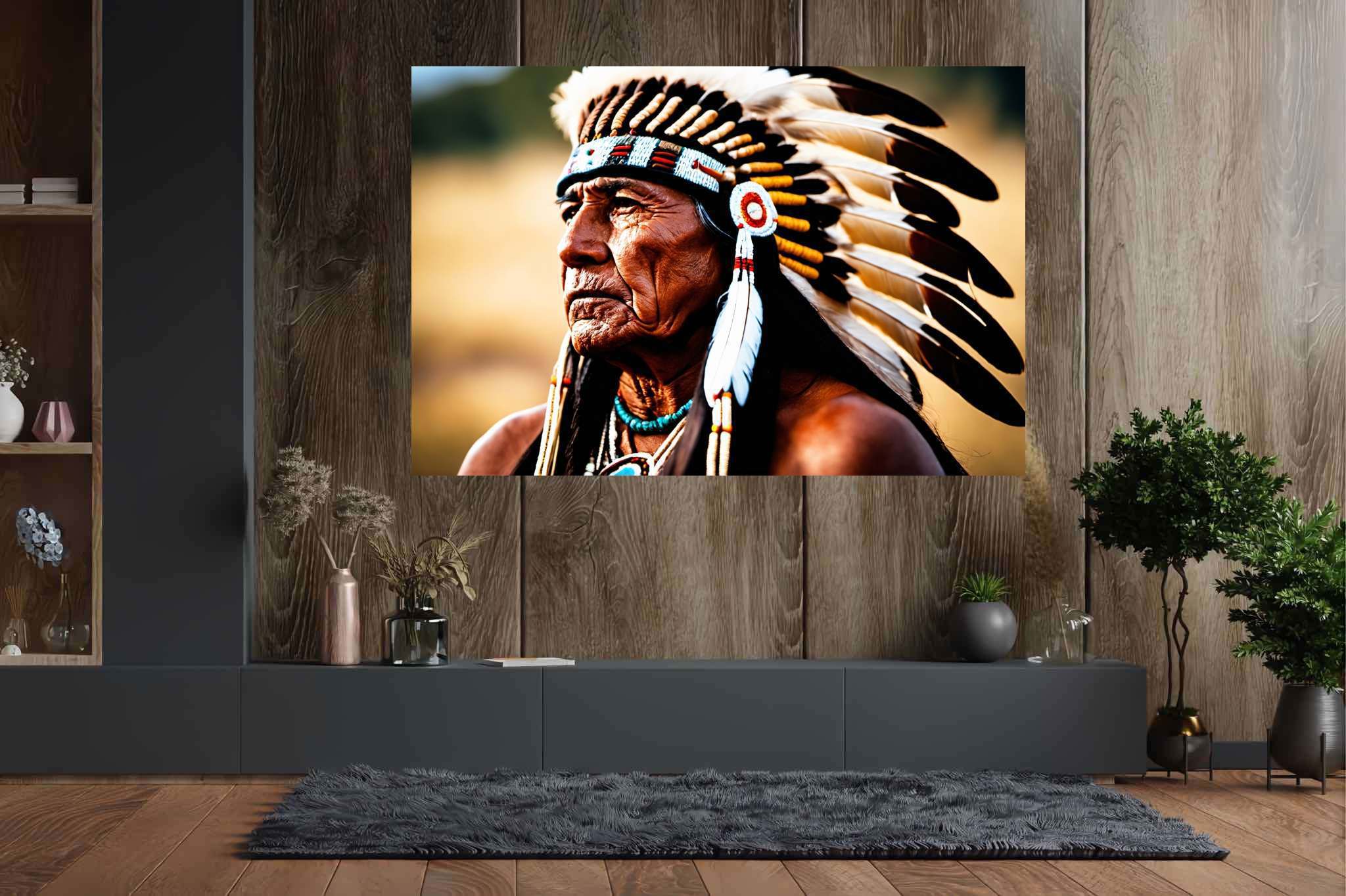 Eagle eye reverie: Native american art with native american jewelry, in a room with innovative layout, framed art, and artisan decor. The art can be printed on poster, framed poster, canvas, metal, acrylic or wood, exclusively at WallArtZen. Find this exact print at https://wallartzen.com/waz163