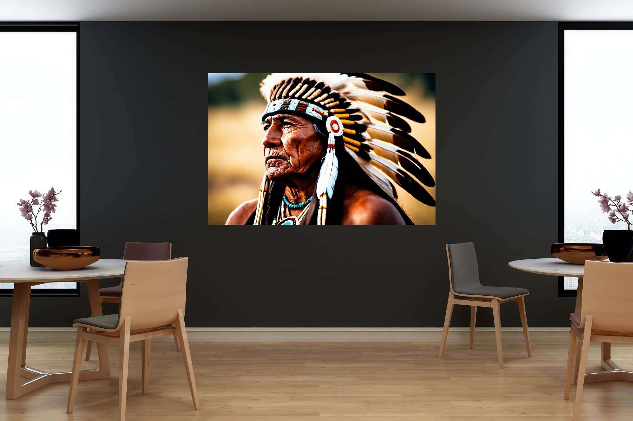 Eagle eye reverie: Native american art with native american symbols, in a room with modern style, abstract paintings, and elegant home goods. The art can be printed on poster, framed poster, canvas, metal, acrylic or wood, exclusively at WallArtZen. Find this exact print at https://wallartzen.com/waz163