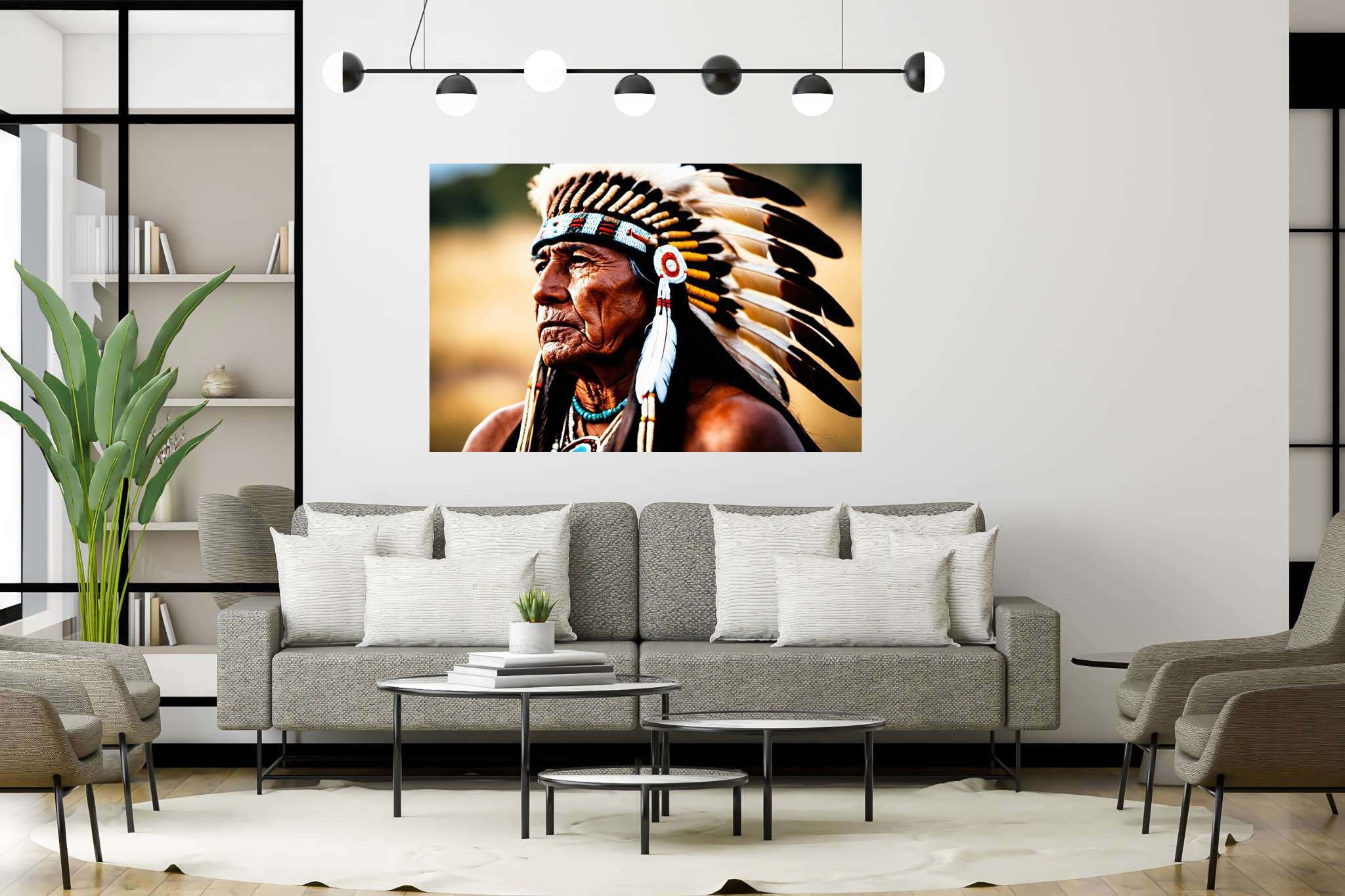 Eagle eye reverie: Native american art with native american sculptures, in a room with elegant layout, wall art, and trendy home accents. The art can be printed on poster, framed poster, canvas, metal, acrylic or wood, exclusively at WallArtZen. Find this exact print at https://wallartzen.com/waz163