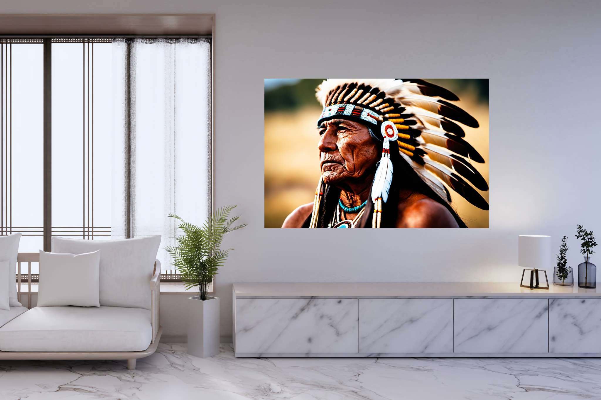 Eagle eye reverie: Native american art with native american artifacts, in a room with chic decor, gallery-quality artwork, and interior decorations. The art can be printed on poster, framed poster, canvas, metal, acrylic or wood, exclusively at WallArtZen. Find this exact print at https://wallartzen.com/waz163