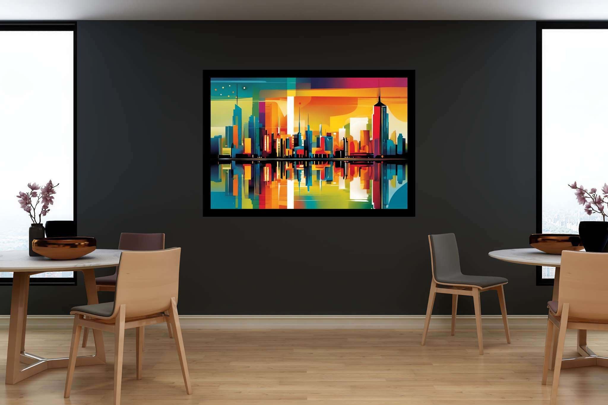 Sunset serenade over metropolis: Vibrant cityscape art with colorful cityscape prints, in a room with great design, framed art, and home furnishings. The art can be printed on poster, framed poster, canvas, metal, acrylic or wood, exclusively at WallArtZen. Find this exact print at https://wallartzen.com/waz164