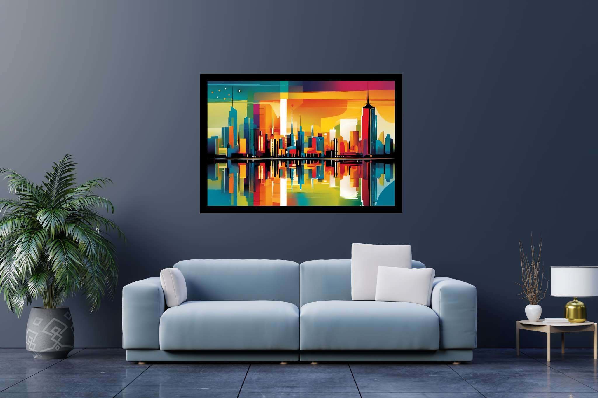 Sunset serenade over metropolis: Vibrant cityscape art with urban artwork, in a room with chic decor, digital art pieces, and elegant home goods. The art can be printed on poster, framed poster, canvas, metal, acrylic or wood, exclusively at WallArtZen. Find this exact print at https://wallartzen.com/waz164