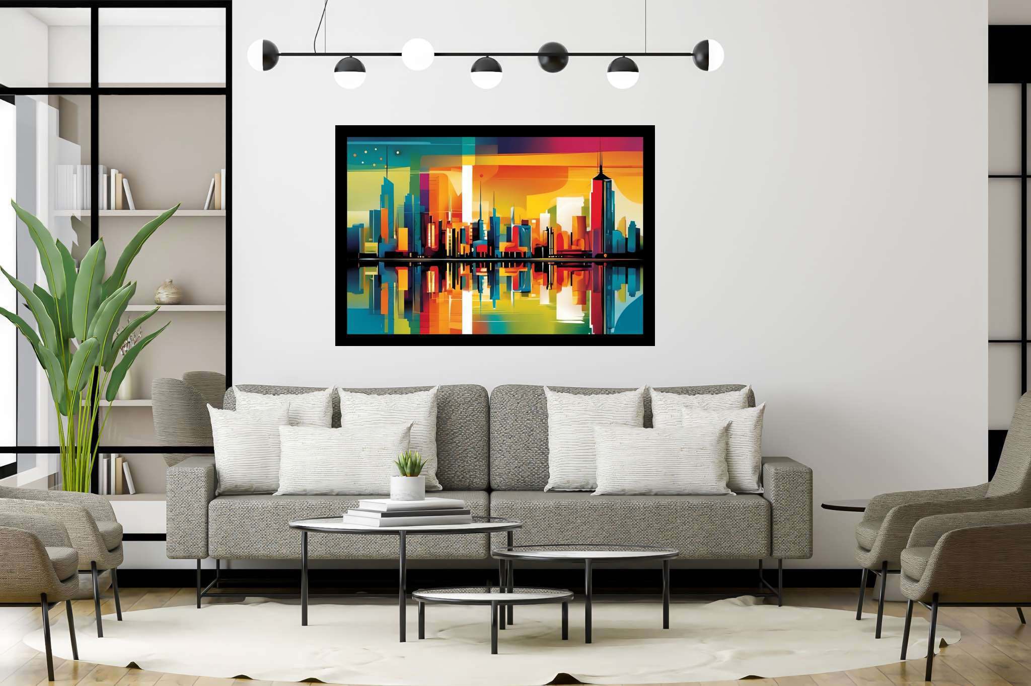 Sunset serenade over metropolis: Vibrant cityscape art with vibrant urban architecture, in a room with elegant layout, photographic wall art, and interior decorations. The art can be printed on poster, framed poster, canvas, metal, acrylic or wood, exclusively at WallArtZen. Find this exact print at https://wallartzen.com/waz164