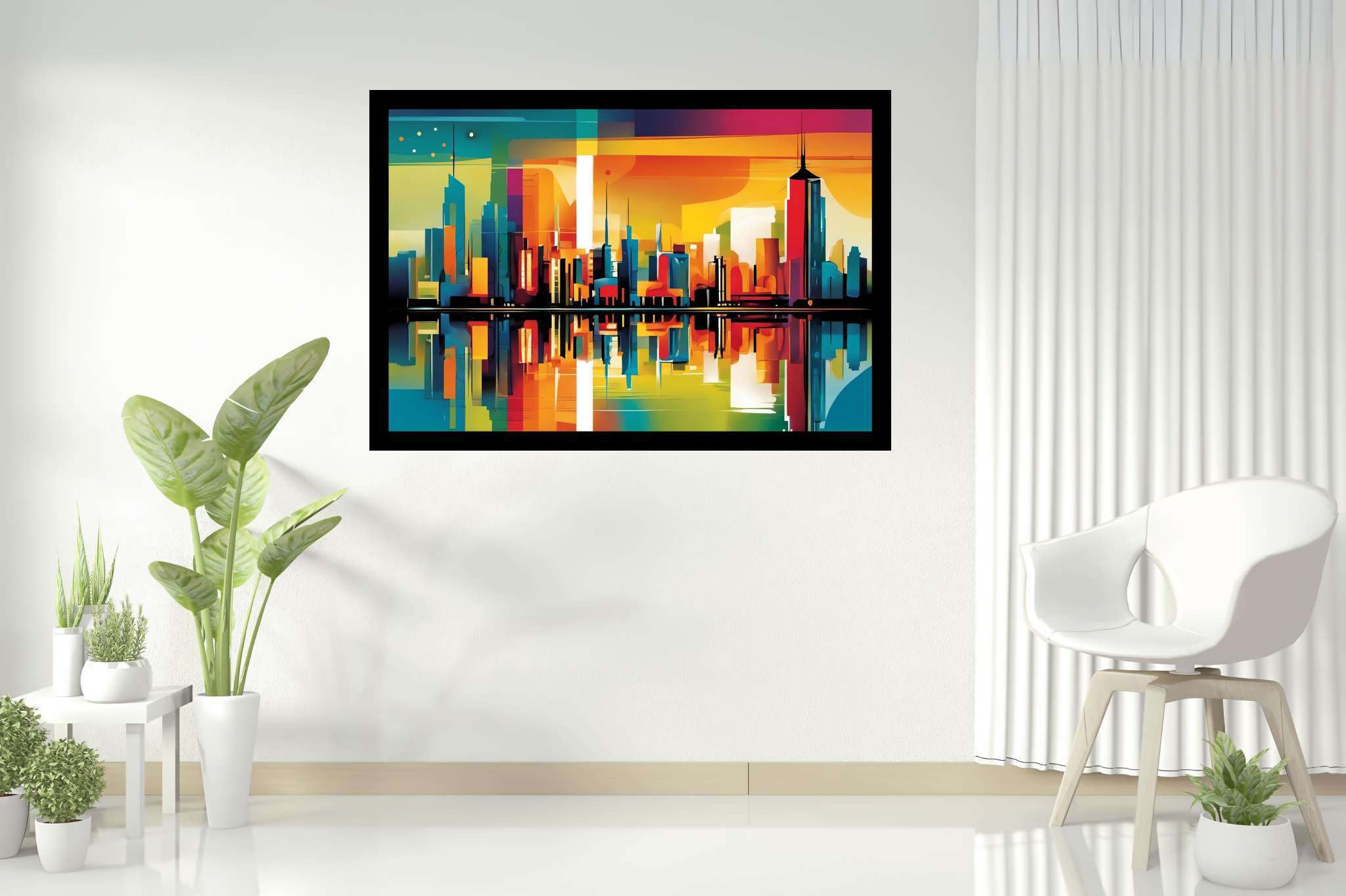 Sunset serenade over metropolis: Vibrant cityscape art with lively cityscape paintings, in a room with elegant layout, mural artworks, and decorative pieces. The art can be printed on poster, framed poster, canvas, metal, acrylic or wood, exclusively at WallArtZen. Find this exact print at https://wallartzen.com/waz164