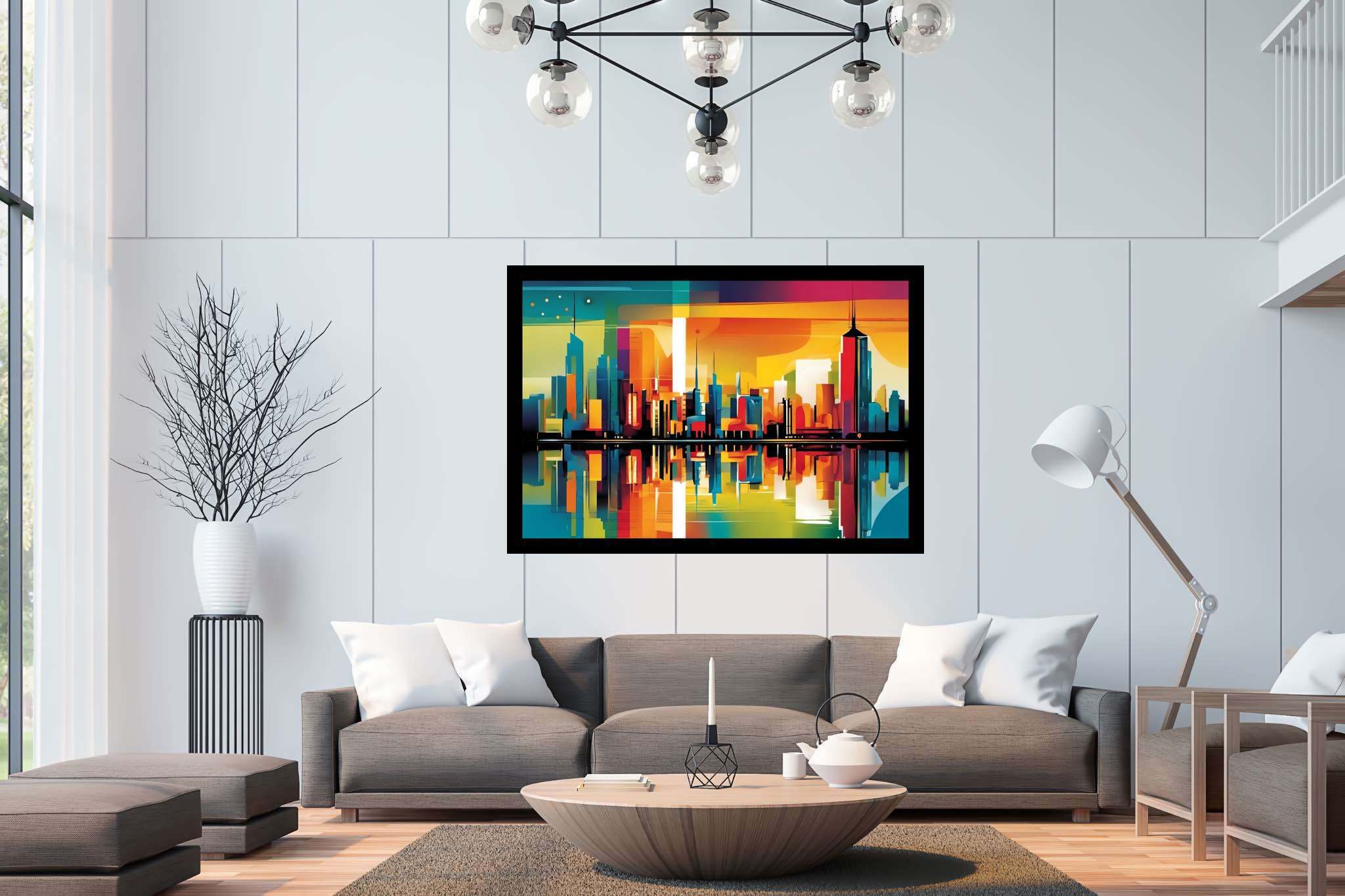 Sunset serenade over metropolis: Vibrant cityscape art with dynamic cityscape illustrations, in a room with minimalist approach, framed art, and decorative pieces. The art can be printed on poster, framed poster, canvas, metal, acrylic or wood, exclusively at WallArtZen. Find this exact print at https://wallartzen.com/waz164