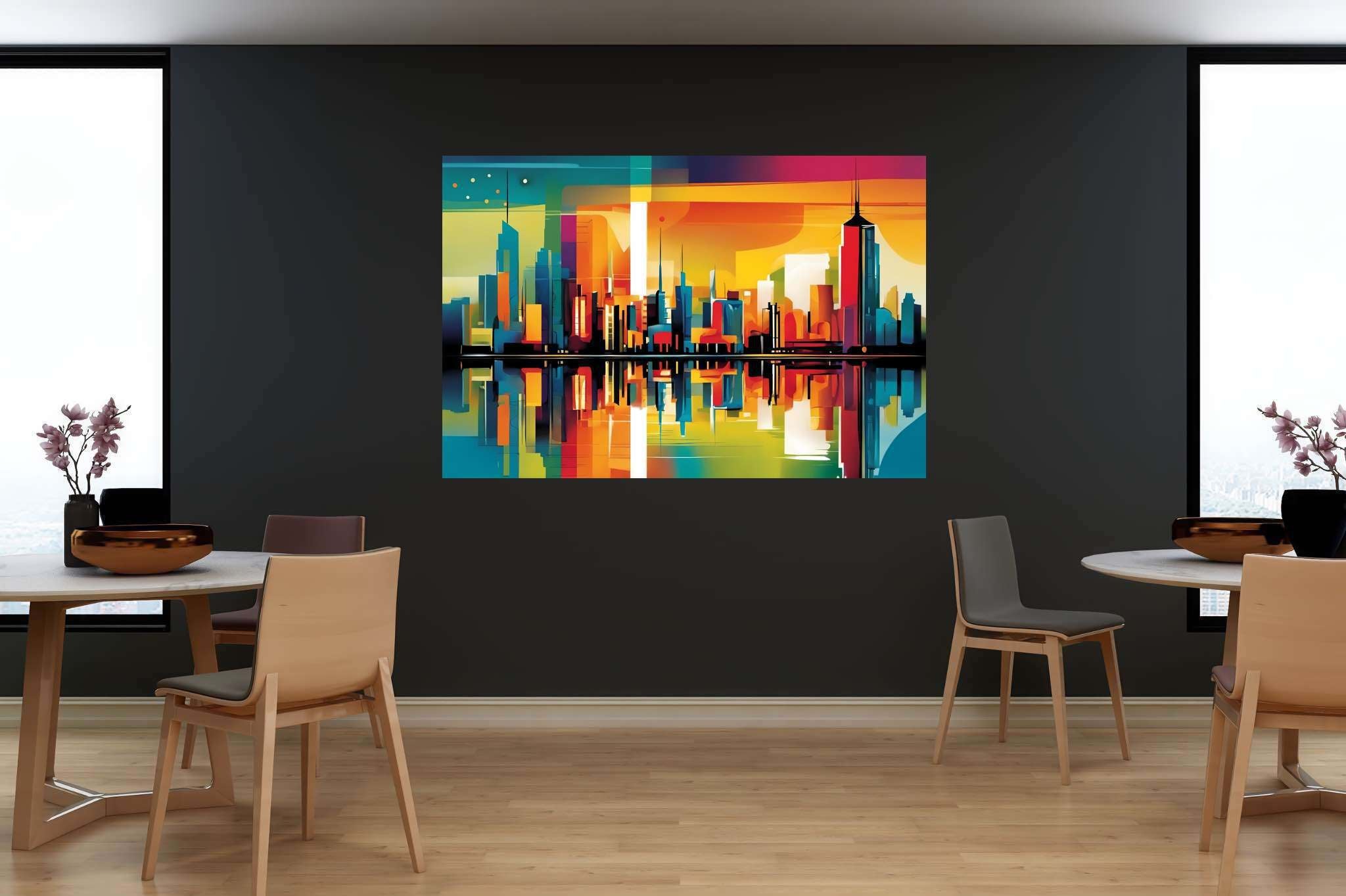 Sunset serenade over metropolis: Vibrant cityscape art with urban artwork, in a room with innovative layout, mural artworks, and elegant home goods. The art can be printed on poster, framed poster, canvas, metal, acrylic or wood, exclusively at WallArtZen. Find this exact print at https://wallartzen.com/waz164
