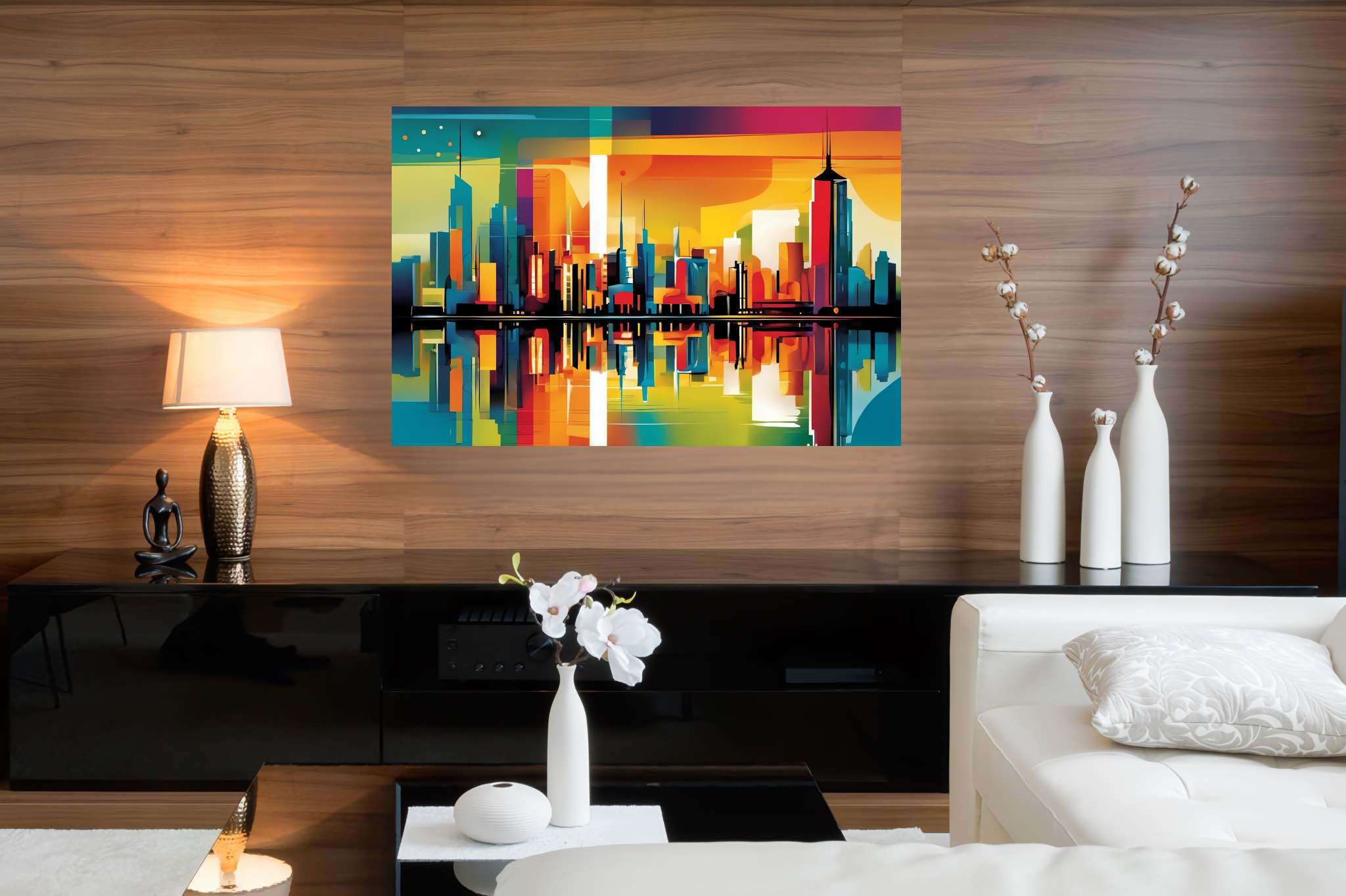 Sunset serenade over metropolis: Vibrant cityscape art with dynamic cityscape illustrations, in a room with great design, bespoke art designs, and luxe decor. The art can be printed on poster, framed poster, canvas, metal, acrylic or wood, exclusively at WallArtZen. Find this exact print at https://wallartzen.com/waz164