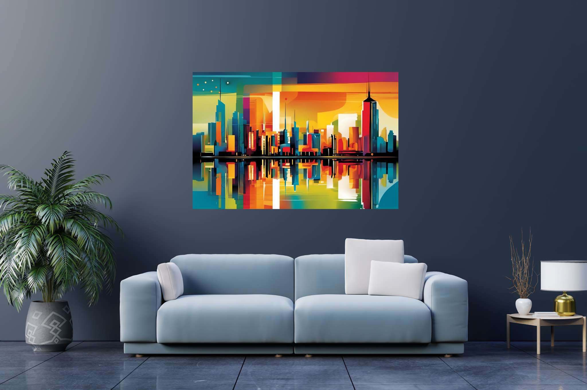 Sunset serenade over metropolis: Vibrant cityscape art with energetic cityscape drawings, in a room with modern style, bespoke art designs, and interior decorations. The art can be printed on poster, framed poster, canvas, metal, acrylic or wood, exclusively at WallArtZen. Find this exact print at https://wallartzen.com/waz164