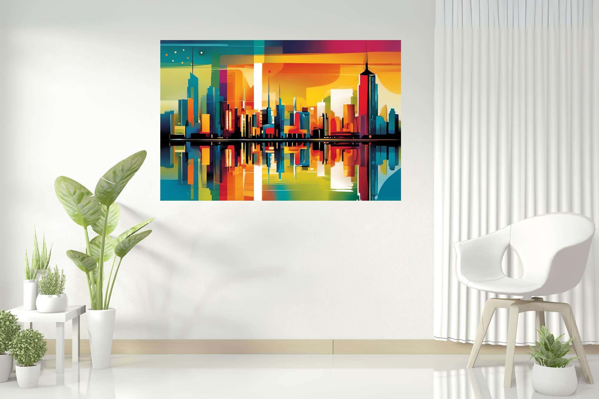 Sunset serenade over metropolis: Vibrant cityscape art with vibrant cityscape art, in a room with contemporary flair, wall art, and home styling items. The art can be printed on poster, framed poster, canvas, metal, acrylic or wood, exclusively at WallArtZen. Find this exact print at https://wallartzen.com/waz164