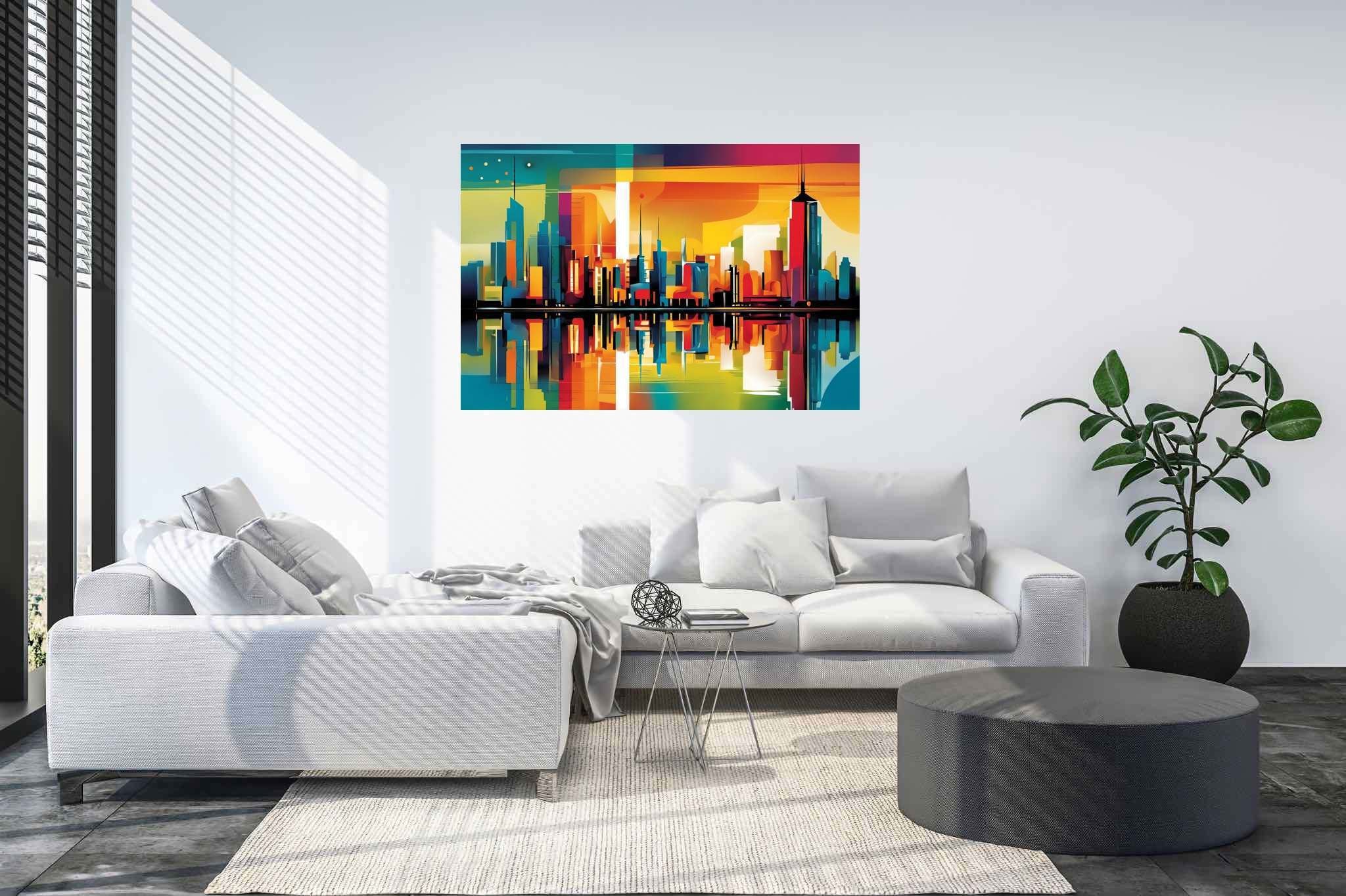 Sunset serenade over metropolis: Vibrant cityscape art with vibrant street art, in a room with innovative layout, wall hangings, and trendy home accents. The art can be printed on poster, framed poster, canvas, metal, acrylic or wood, exclusively at WallArtZen. Find this exact print at https://wallartzen.com/waz164