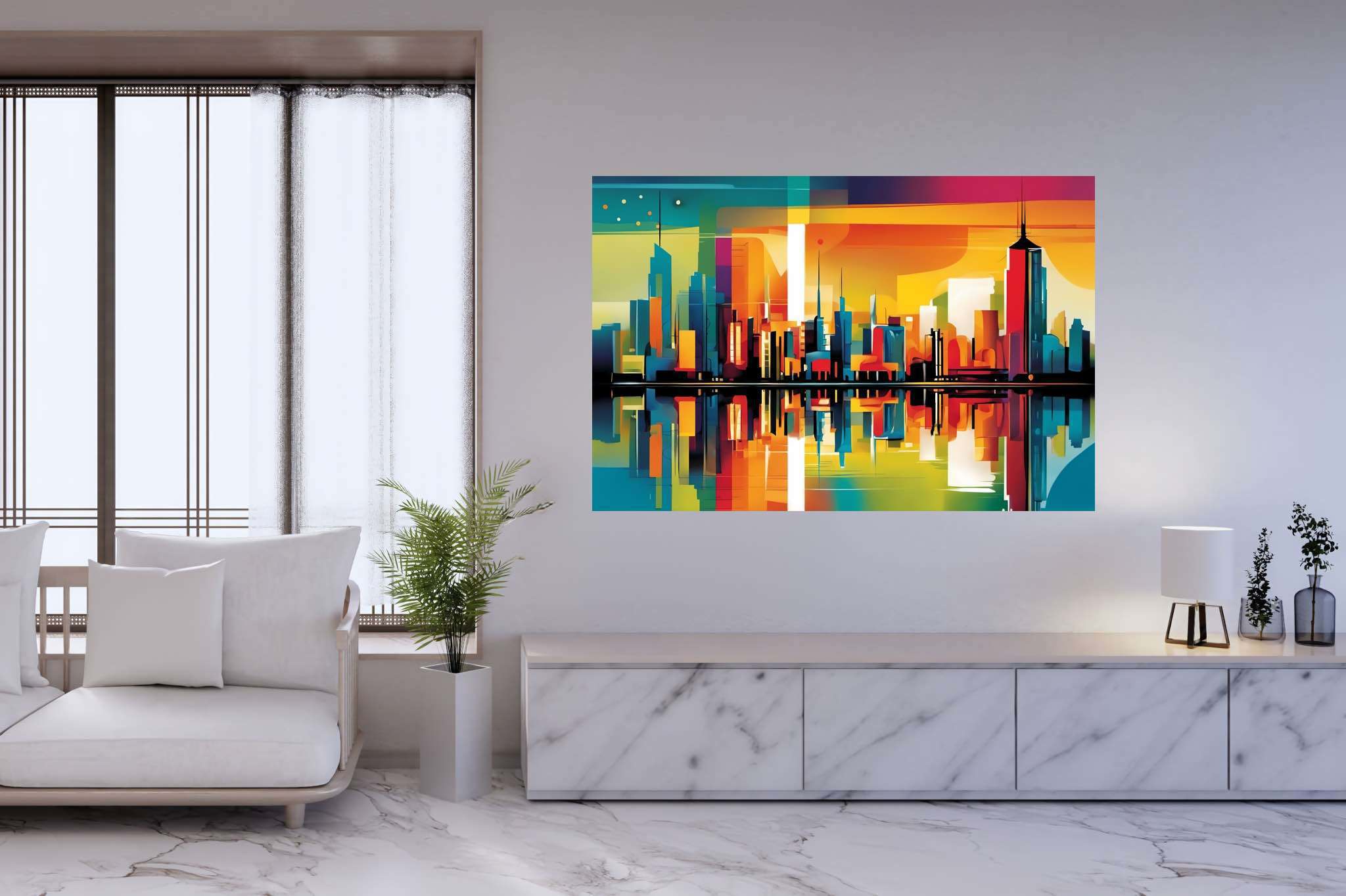 Sunset serenade over metropolis: Vibrant cityscape art with urban artwork, in a room with elegant layout, bespoke art designs, and decorative pieces. The art can be printed on poster, framed poster, canvas, metal, acrylic or wood, exclusively at WallArtZen. Find this exact print at https://wallartzen.com/waz164