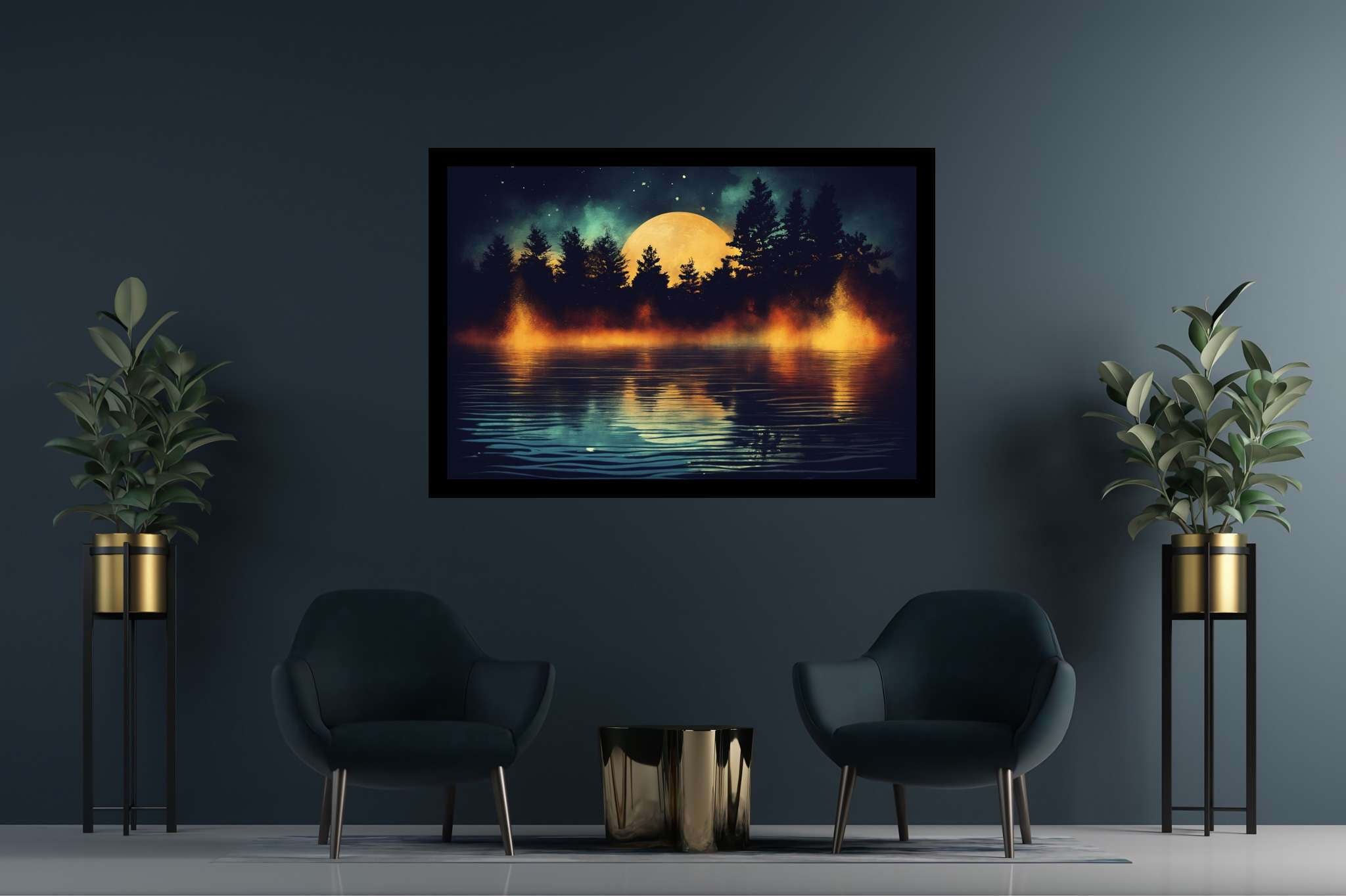 Lunar serenade serenity: Night scene art with dark and mysterious artwork, in a room with urban design, bespoke art designs, and trendy home accents. The art can be printed on poster, framed poster, canvas, metal, acrylic or wood, exclusively at WallArtZen. Find this exact print at https://wallartzen.com/waz165