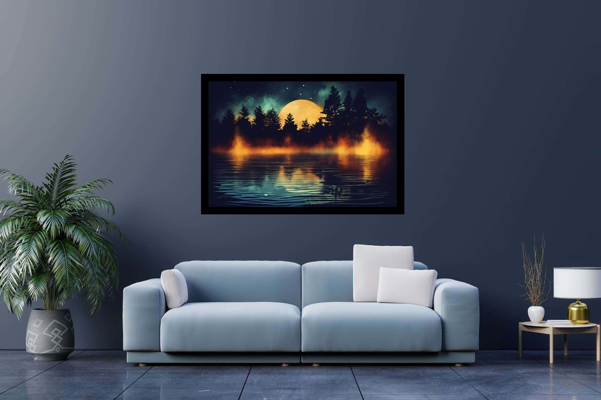 Lunar serenade serenity: Night scene art with nocturnal paintings, in a room with great design, bespoke art designs, and luxe decor. The art can be printed on poster, framed poster, canvas, metal, acrylic or wood, exclusively at WallArtZen. Find this exact print at https://wallartzen.com/waz165