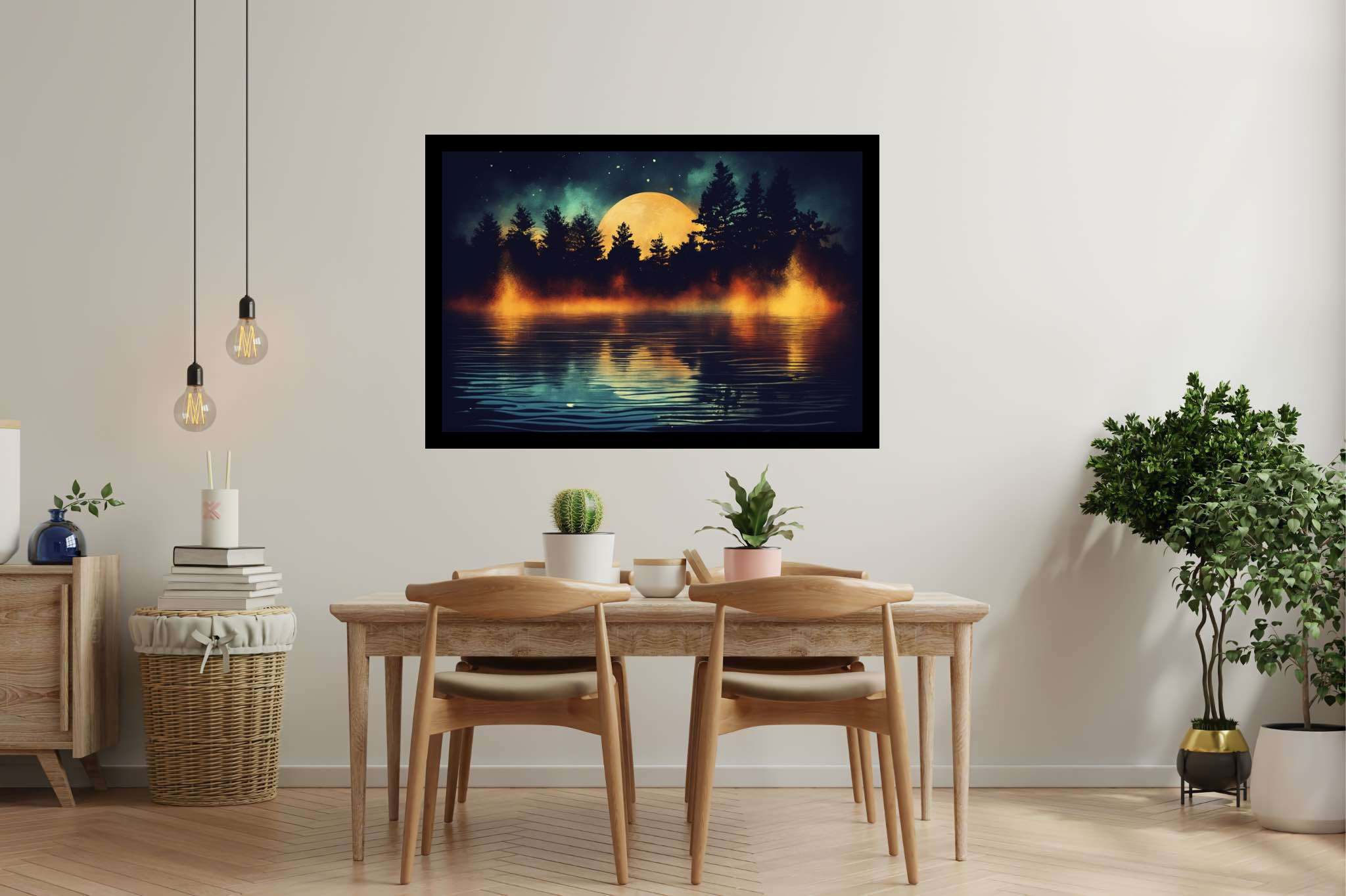 Lunar serenade serenity: Night scene art with night scene art, in a room with classic elegance, wall art, and stylish accessories. The art can be printed on poster, framed poster, canvas, metal, acrylic or wood, exclusively at WallArtZen. Find this exact print at https://wallartzen.com/waz165