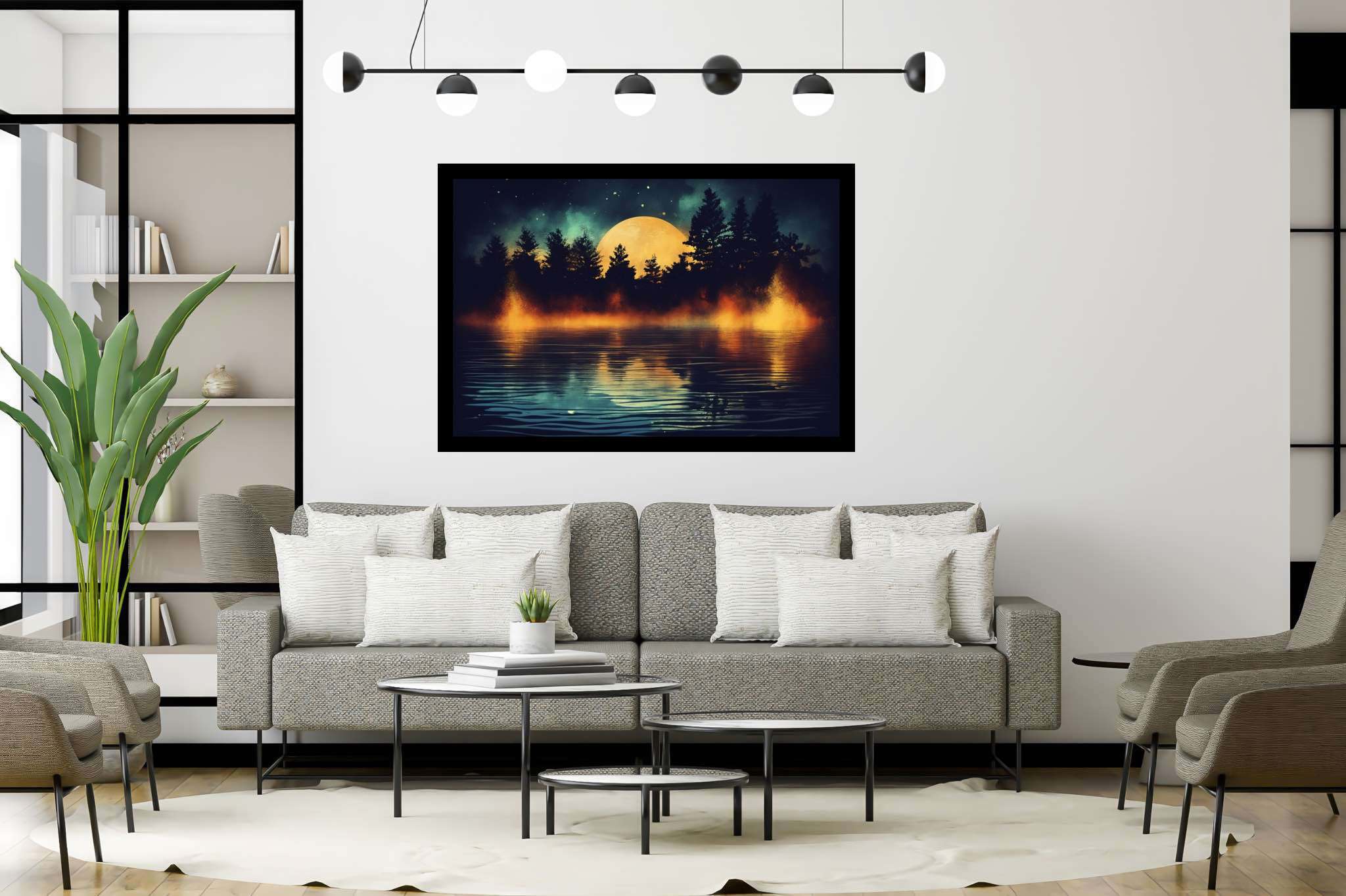 Lunar serenade serenity: Night scene art with nocturnal paintings, in a room with artistic style, wall art, and trendy home accents. The art can be printed on poster, framed poster, canvas, metal, acrylic or wood, exclusively at WallArtZen. Find this exact print at https://wallartzen.com/waz165