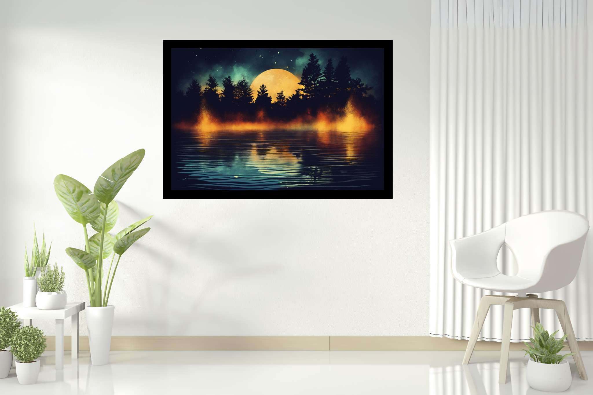 Lunar serenade serenity: Night scene art with dreamlike night scenes, in a room with classic elegance, mural artworks, and luxe decor. The art can be printed on poster, framed poster, canvas, metal, acrylic or wood, exclusively at WallArtZen. Find this exact print at https://wallartzen.com/waz165