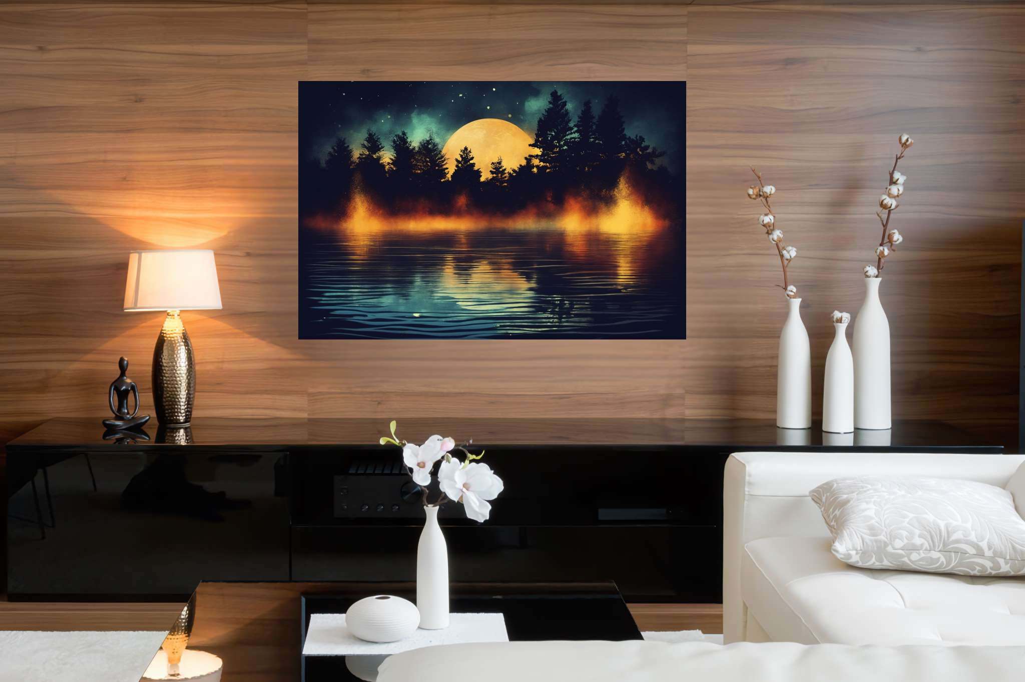 Lunar serenade serenity: Night scene art with twilight artwork, in a room with minimalist approach, wall art, and designer furniture. The art can be printed on poster, framed poster, canvas, metal, acrylic or wood, exclusively at WallArtZen. Find this exact print at https://wallartzen.com/waz165
