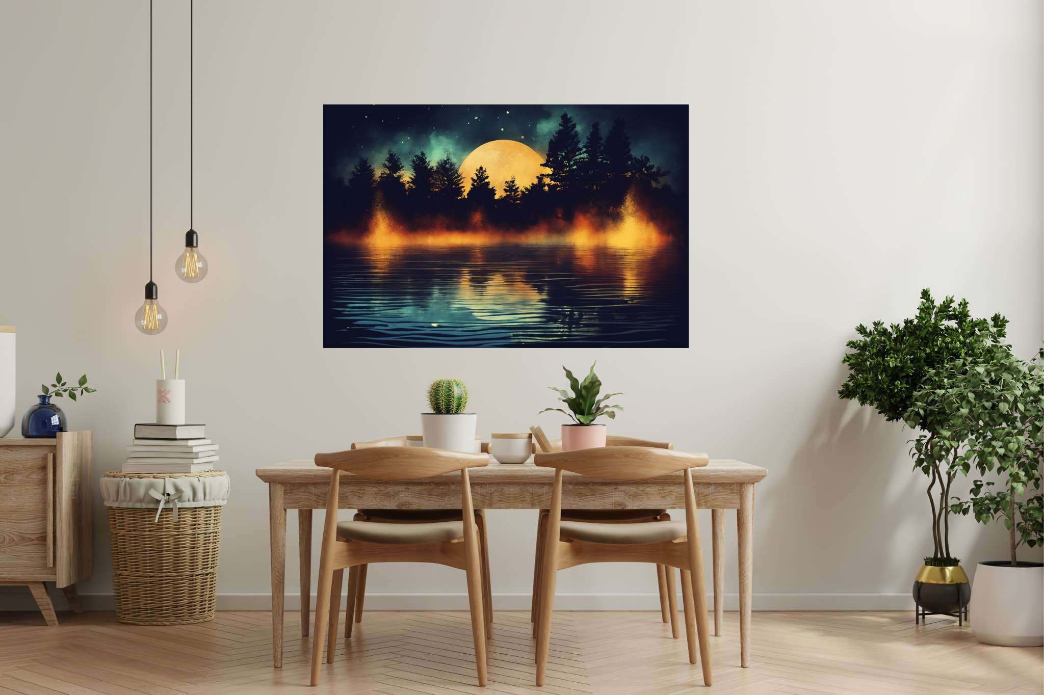Lunar serenade serenity: Night scene art with night scene art, in a room with great design, canvas prints, and stylish accessories. The art can be printed on poster, framed poster, canvas, metal, acrylic or wood, exclusively at WallArtZen. Find this exact print at https://wallartzen.com/waz165