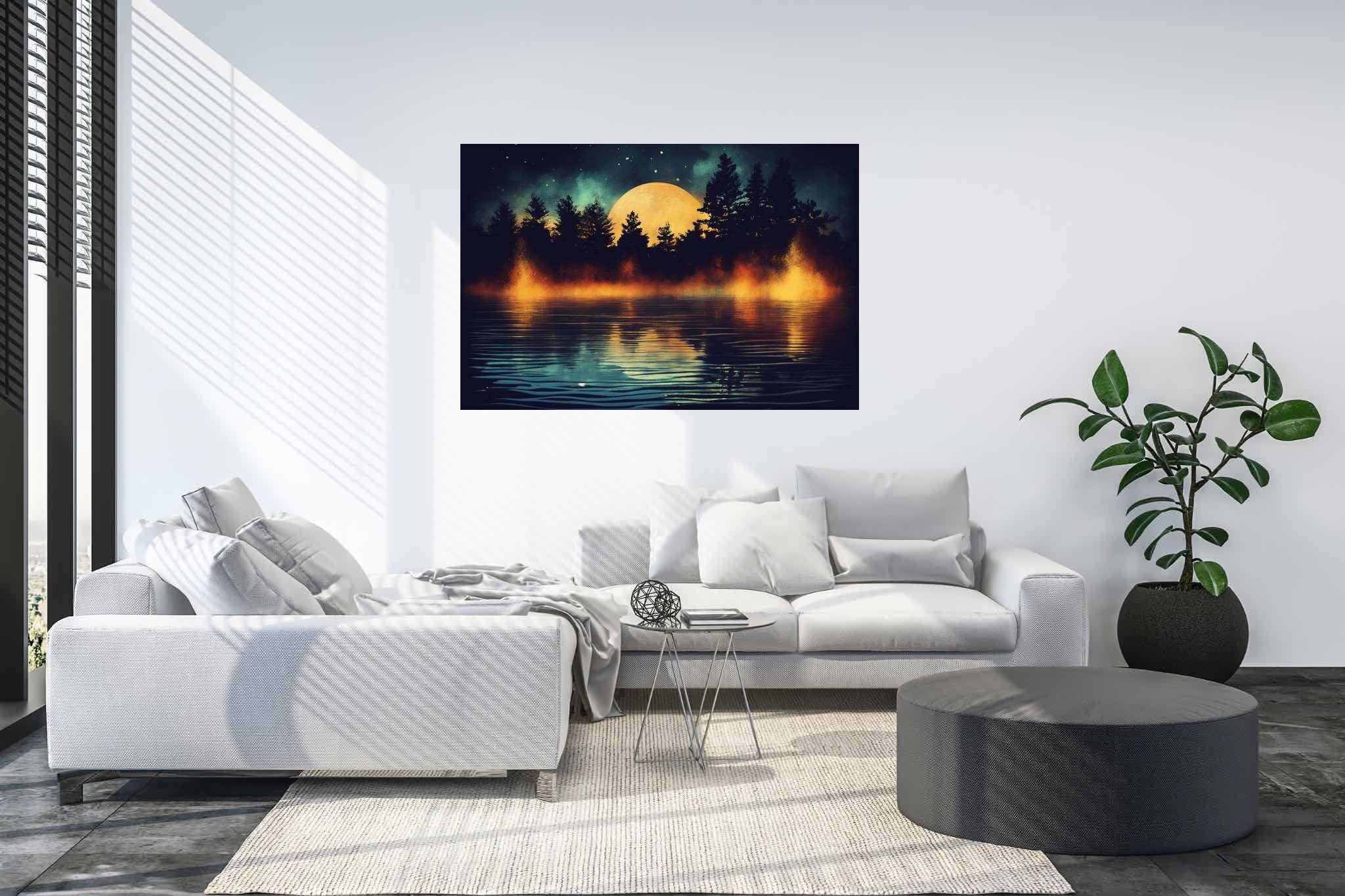 Lunar serenade serenity: Night scene art with surreal night scenes, in a room with contemporary flair, gallery-quality artwork, and stylish accessories. The art can be printed on poster, framed poster, canvas, metal, acrylic or wood, exclusively at WallArtZen. Find this exact print at https://wallartzen.com/waz165