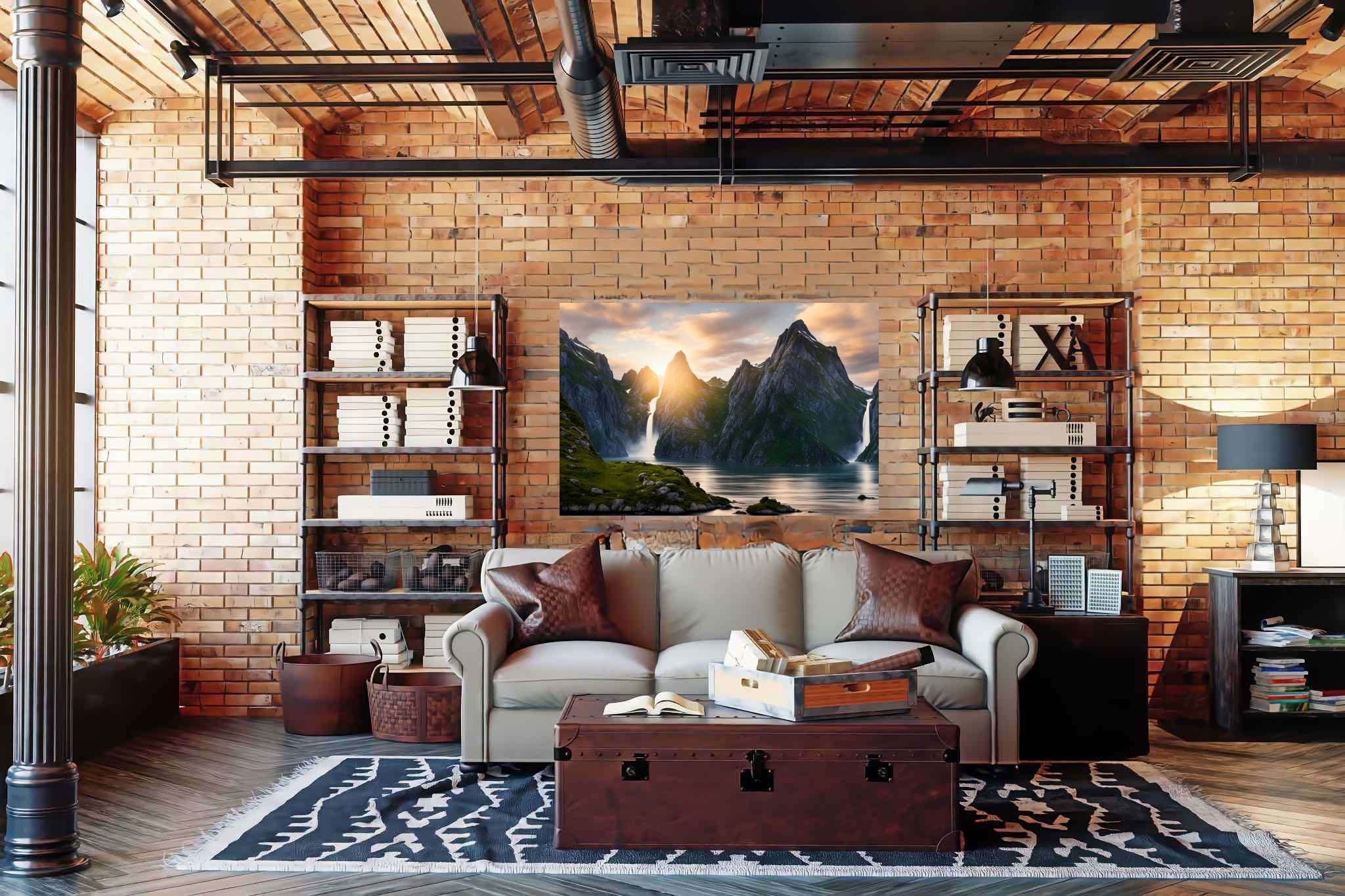Emerald dawn serenity: Serene landscape art with tranquil landscape painting, in a room with minimalist approach, framed art, and artisan decor. The art can be printed on poster, framed poster, canvas, metal, acrylic or wood, exclusively at WallArtZen. Find this exact print at https://wallartzen.com/waz166