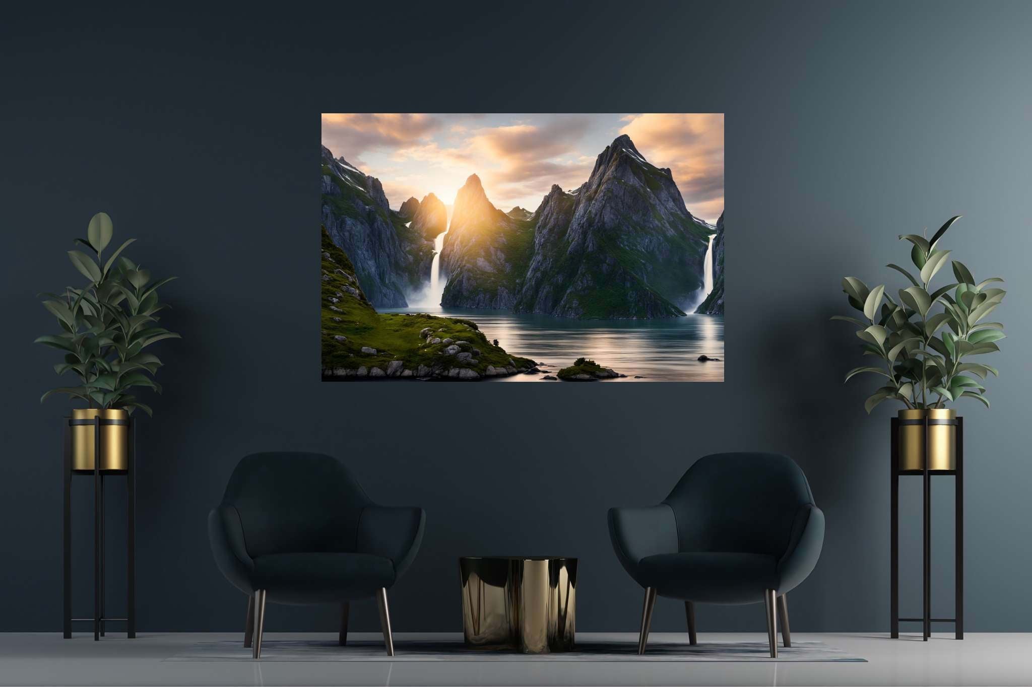 Emerald dawn serenity: Serene landscape art with tranquil landscape art, in a room with innovative layout, wall hangings, and elegant home goods. The art can be printed on poster, framed poster, canvas, metal, acrylic or wood, exclusively at WallArtZen. Find this exact print at https://wallartzen.com/waz166