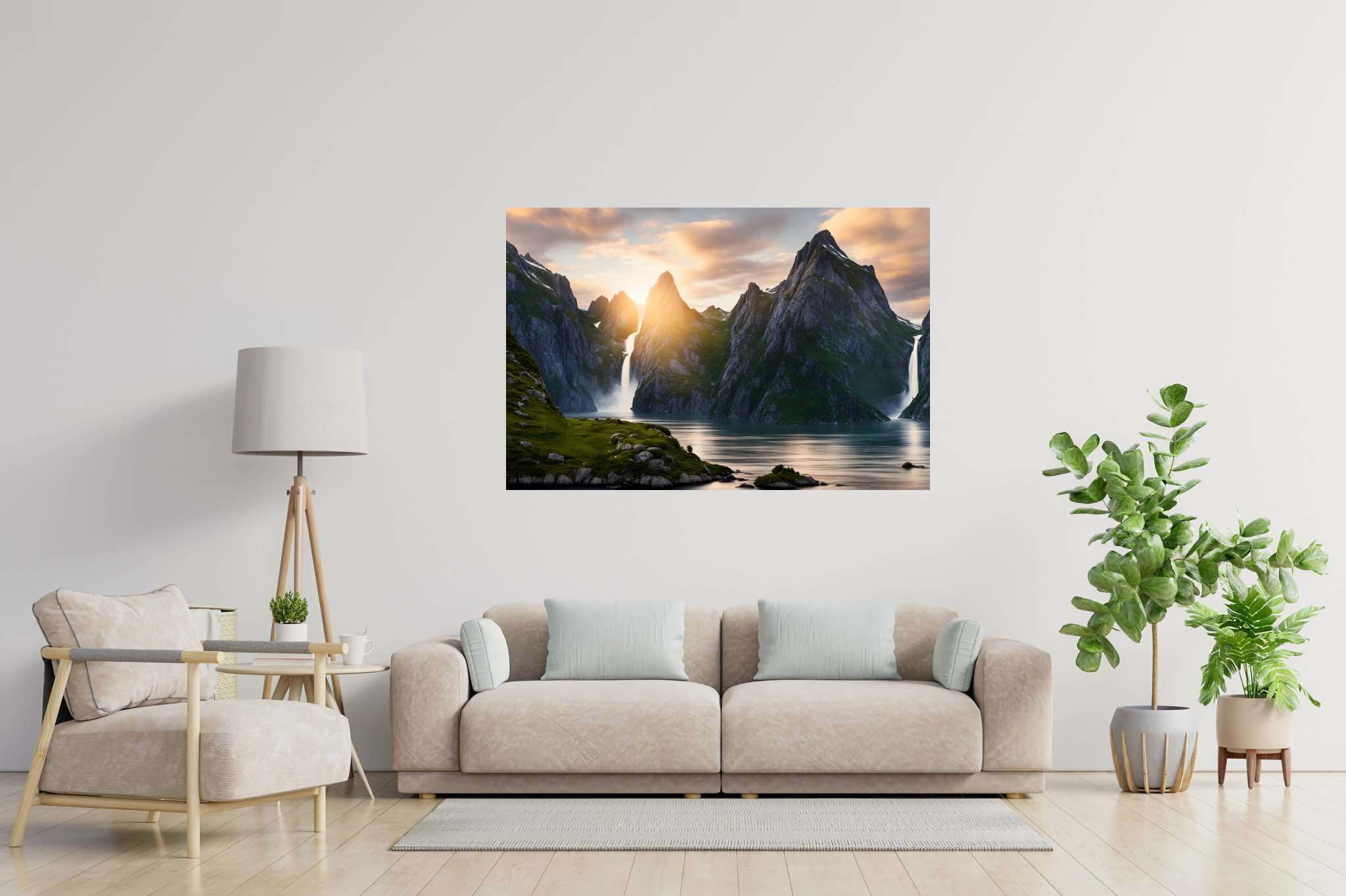 Emerald dawn serenity: Serene landscape art with tranquil landscape art, in a room with innovative layout, digital art pieces, and elegant home goods. The art can be printed on poster, framed poster, canvas, metal, acrylic or wood, exclusively at WallArtZen. Find this exact print at https://wallartzen.com/waz166
