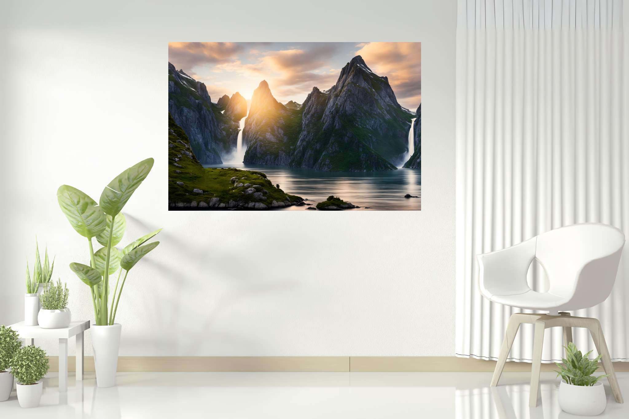 Emerald dawn serenity: Serene landscape art with soothing nature scene, in a room with chic decor, wall hangings, and artisan decor. The art can be printed on poster, framed poster, canvas, metal, acrylic or wood, exclusively at WallArtZen. Find this exact print at https://wallartzen.com/waz166