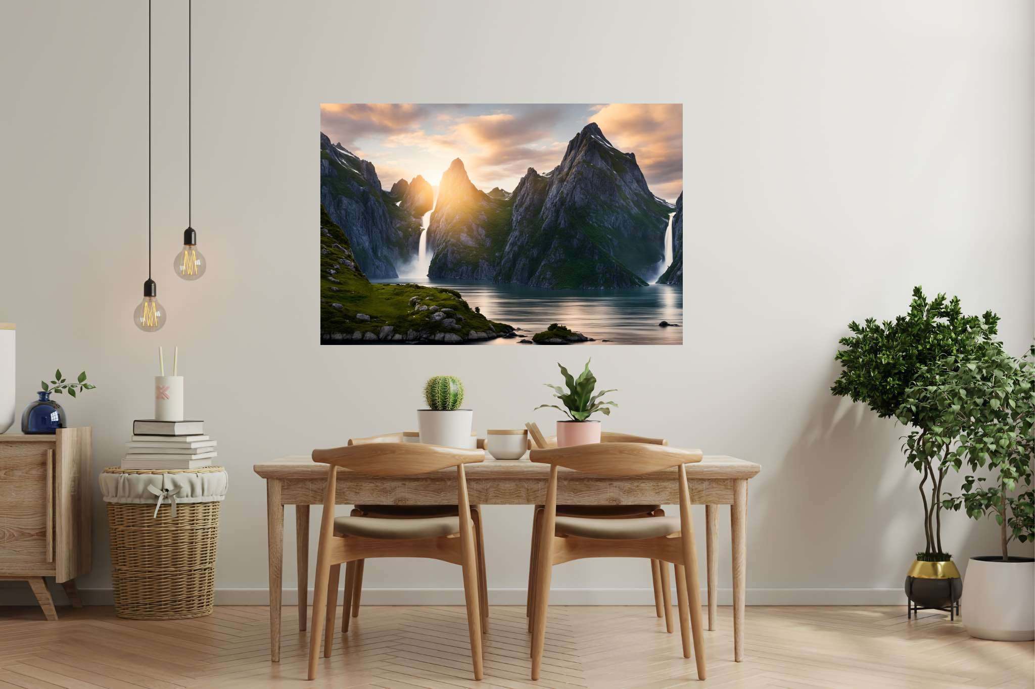 Emerald dawn serenity: Serene landscape art with tranquil outdoor view, in a room with classic elegance, framed art, and designer furniture. The art can be printed on poster, framed poster, canvas, metal, acrylic or wood, exclusively at WallArtZen. Find this exact print at https://wallartzen.com/waz166