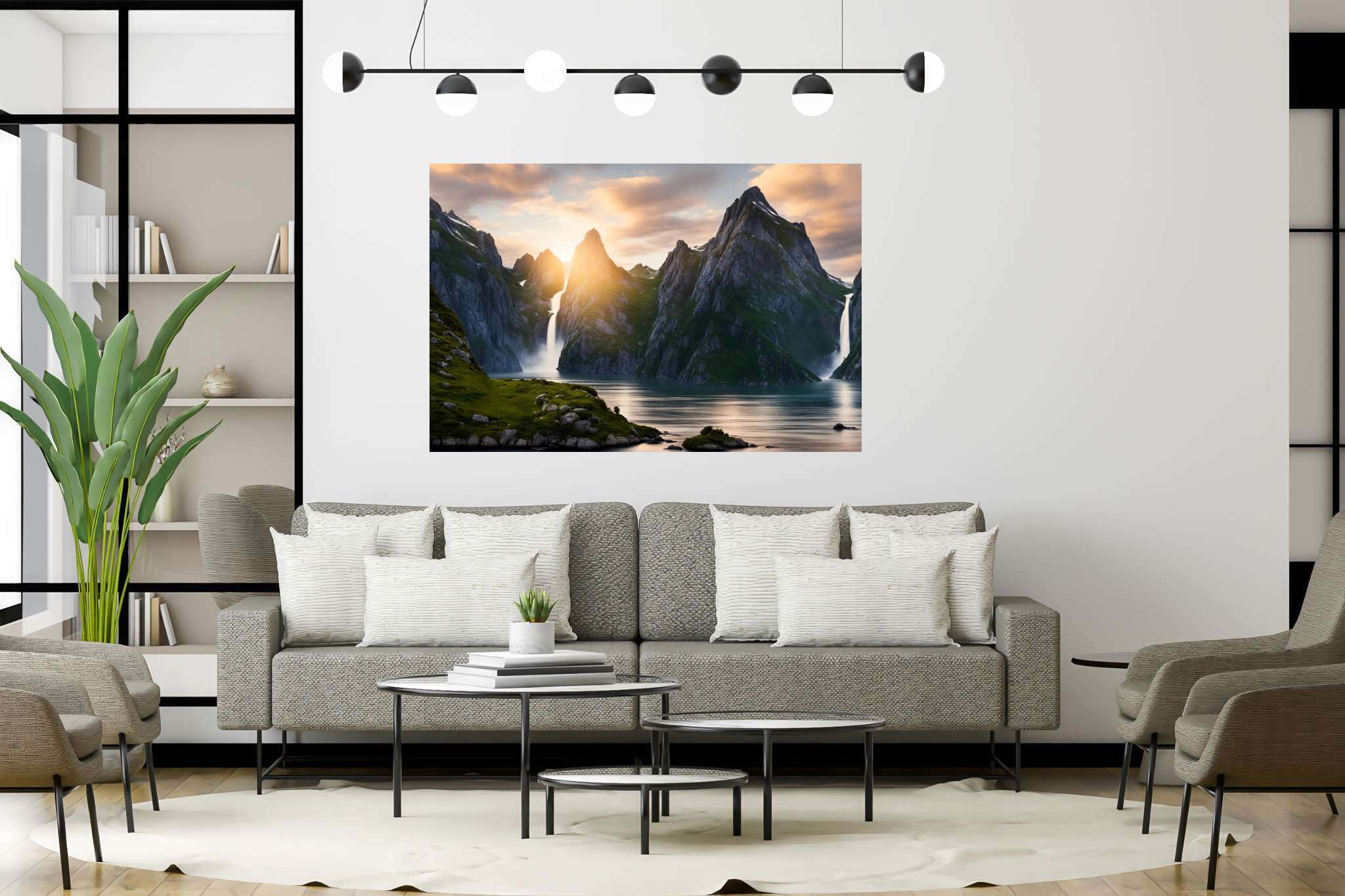 Emerald dawn serenity: Serene landscape art with calming landscape, in a room with innovative layout, bespoke art designs, and artisan decor. The art can be printed on poster, framed poster, canvas, metal, acrylic or wood, exclusively at WallArtZen. Find this exact print at https://wallartzen.com/waz166