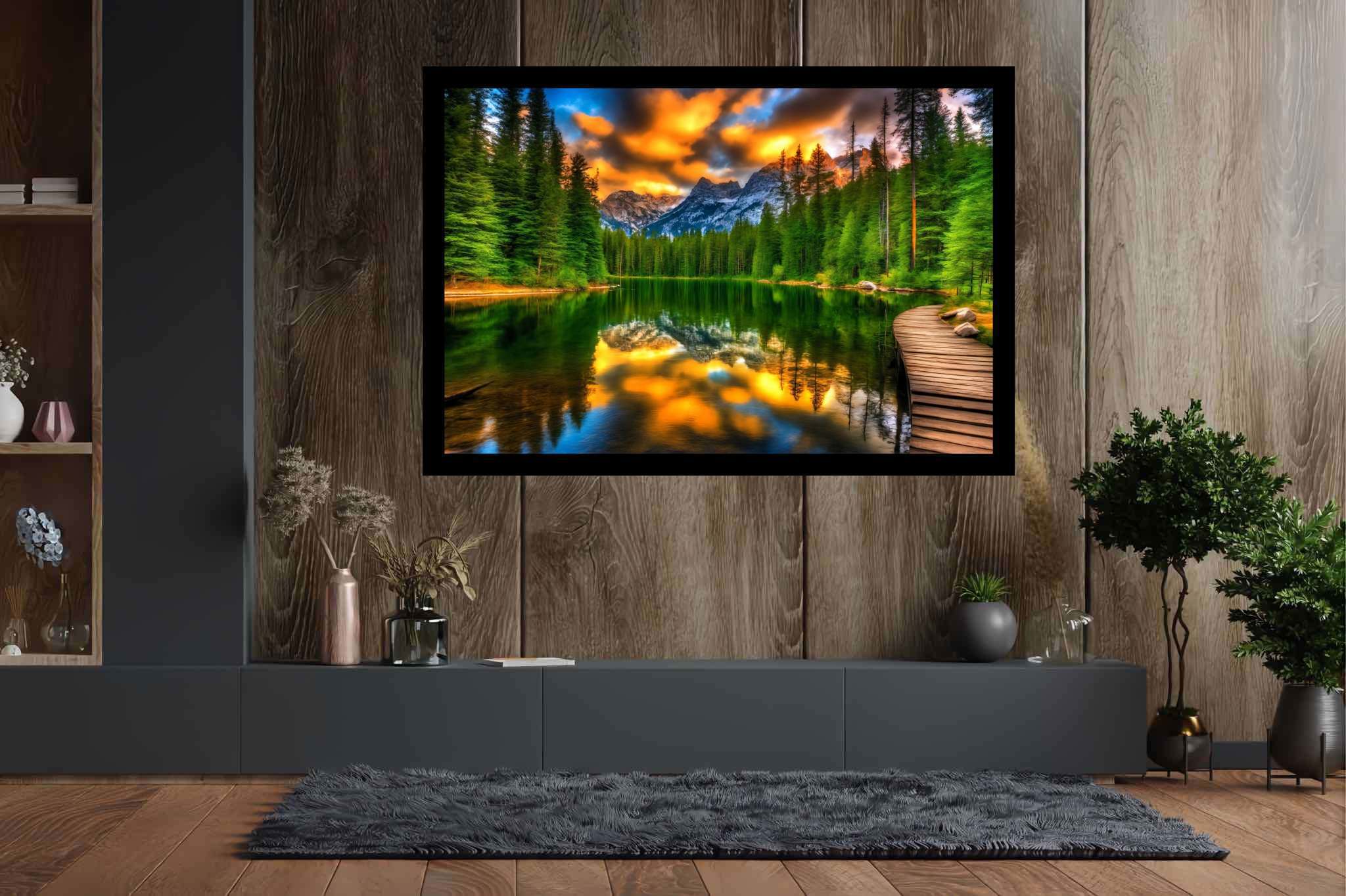 Hush of dusk's embrace: Serene sunset art with serene coastal sunset, in a room with minimalist approach, framed art, and elegant home goods. The art can be printed on poster, framed poster, canvas, metal, acrylic or wood, exclusively at WallArtZen. Find this exact print at https://wallartzen.com/waz167