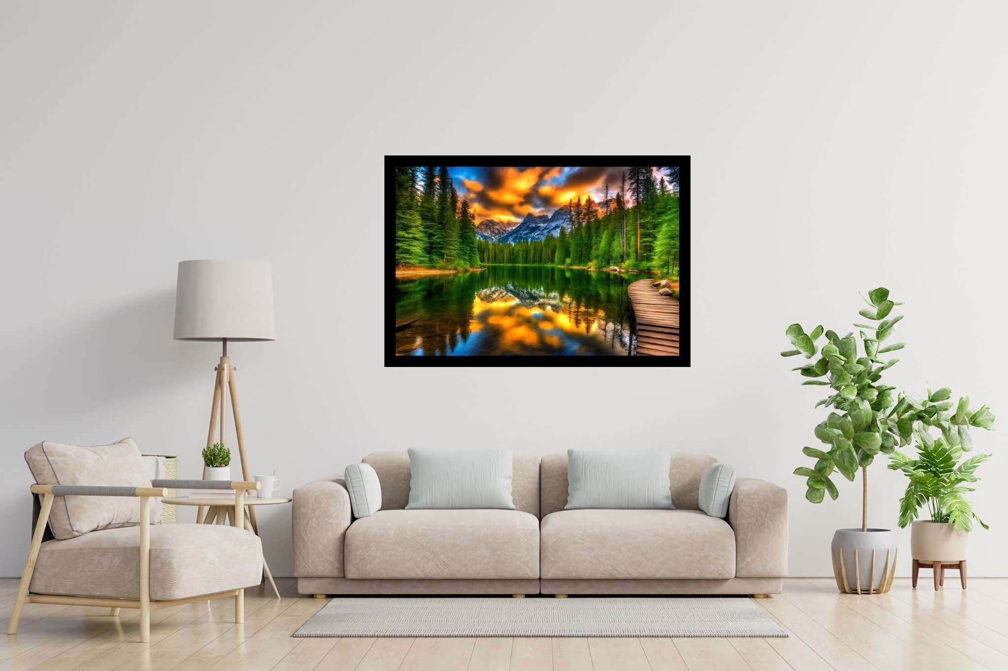 Hush of dusk's embrace: Serene sunset art with tranquil seascape, in a room with modern style, digital art pieces, and trendy home accents. The art can be printed on poster, framed poster, canvas, metal, acrylic or wood, exclusively at WallArtZen. Find this exact print at https://wallartzen.com/waz167