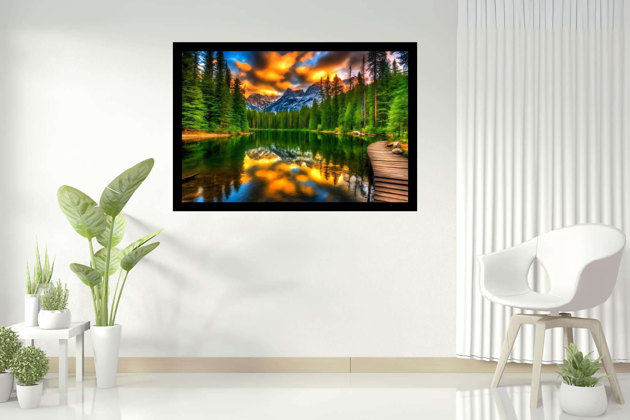 Hush of dusk's embrace: Serene sunset art with tranquil beach landscape, in a room with elegant layout, digital art pieces, and luxe decor. The art can be printed on poster, framed poster, canvas, metal, acrylic or wood, exclusively at WallArtZen. Find this exact print at https://wallartzen.com/waz167