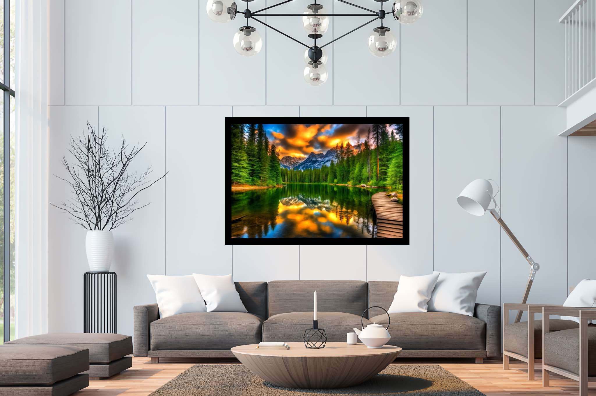 Hush of dusk's embrace: Serene sunset art with soothing twilight painting, in a room with classic elegance, photographic wall art, and artisan decor. The art can be printed on poster, framed poster, canvas, metal, acrylic or wood, exclusively at WallArtZen. Find this exact print at https://wallartzen.com/waz167