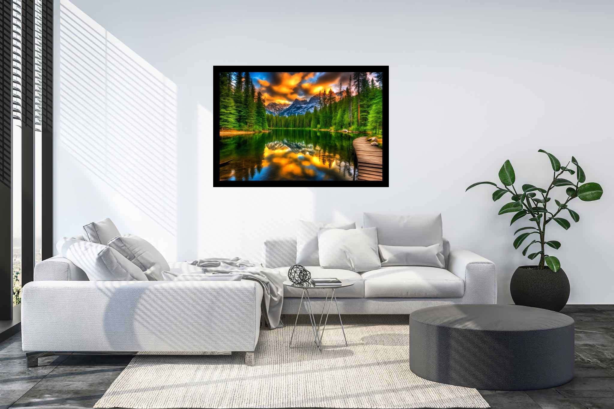 Hush of dusk's embrace: Serene sunset art with serene coastal sunset, in a room with minimalist approach, framed art, and artisan decor. The art can be printed on poster, framed poster, canvas, metal, acrylic or wood, exclusively at WallArtZen. Find this exact print at https://wallartzen.com/waz167