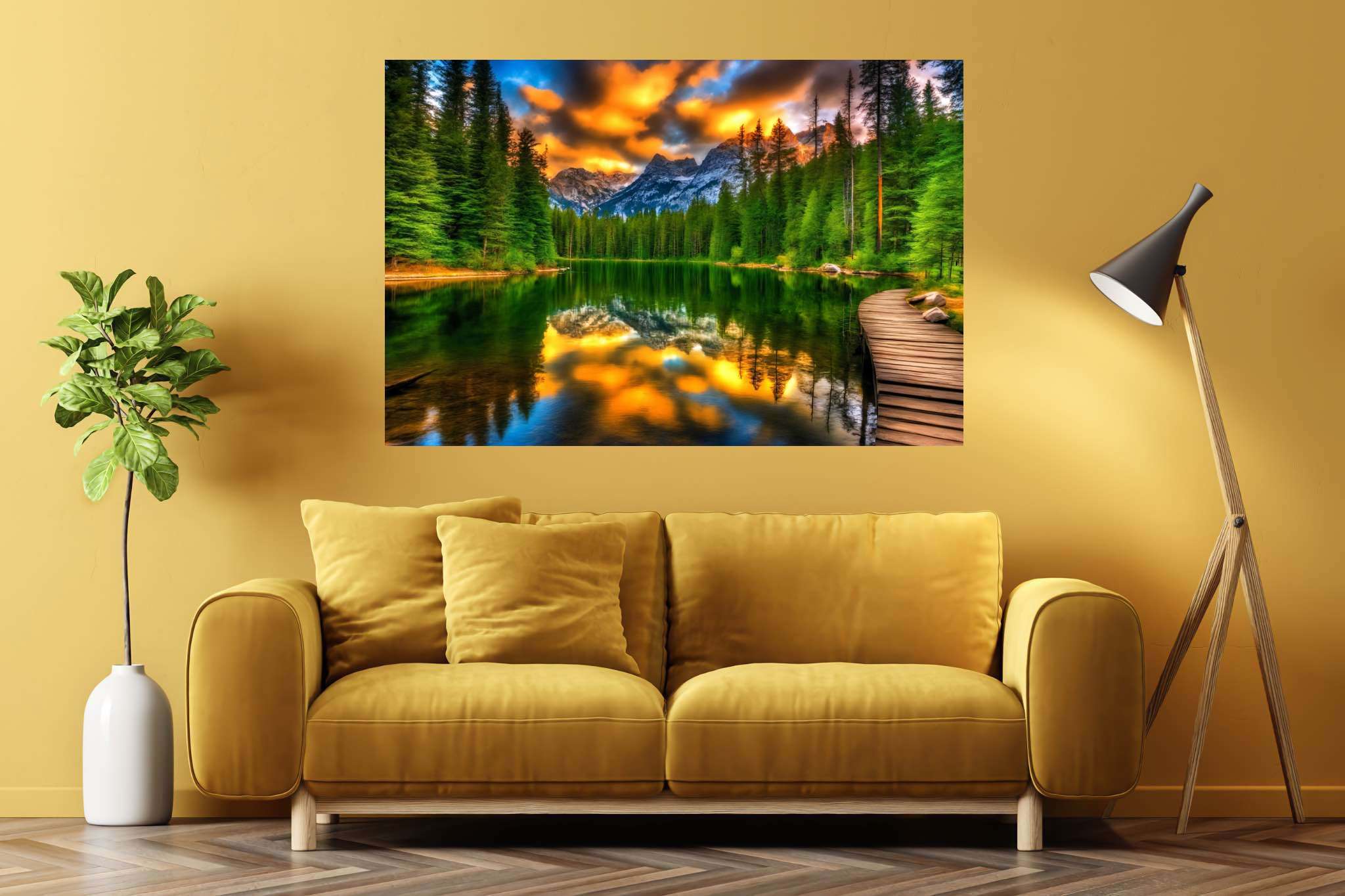 Hush of dusk's embrace: Serene sunset art with tranquil evening artwork, in a room with innovative layout, framed art, and trendy home accents. The art can be printed on poster, framed poster, canvas, metal, acrylic or wood, exclusively at WallArtZen. Find this exact print at https://wallartzen.com/waz167