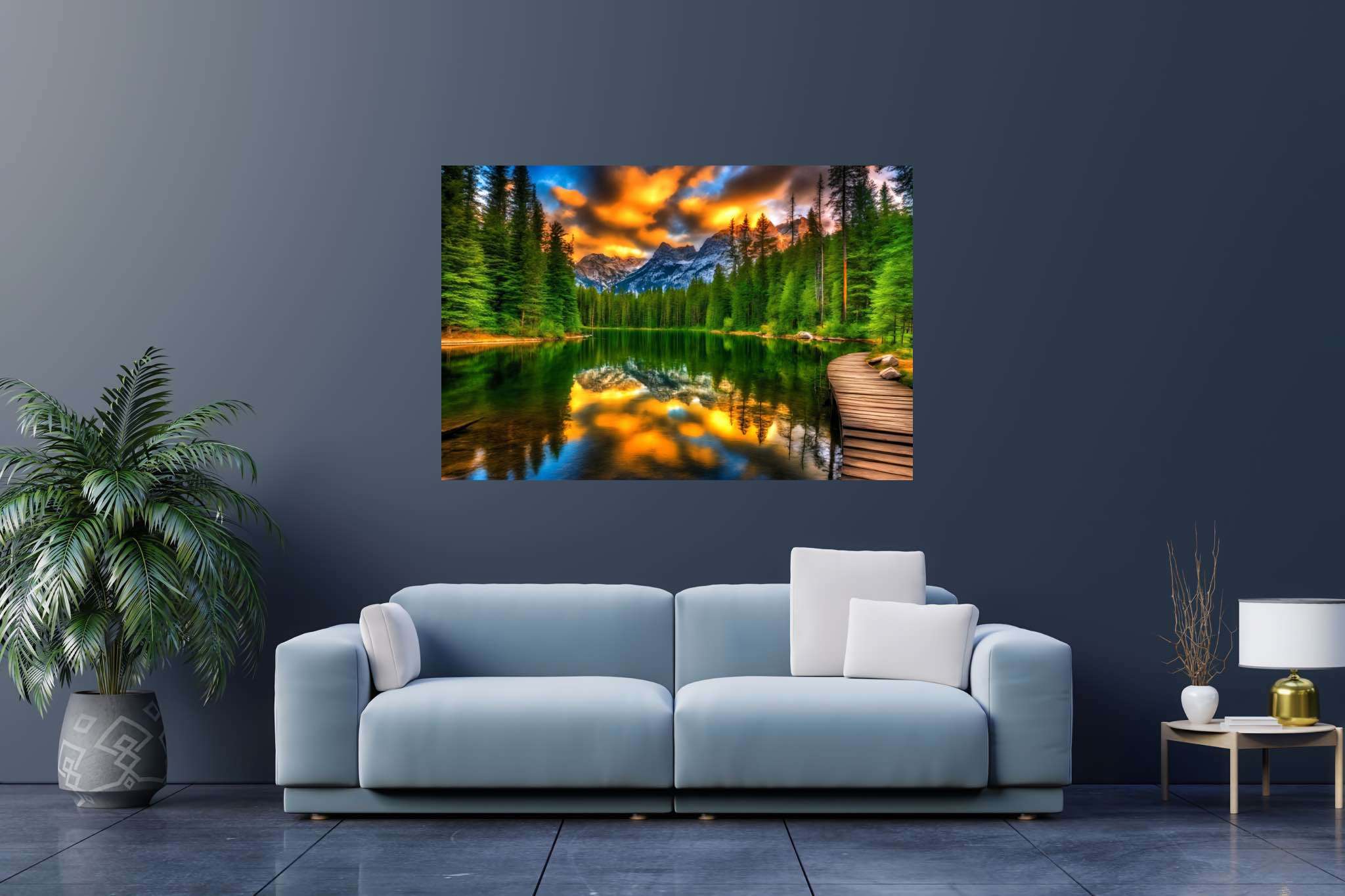 Hush of dusk's embrace: Serene sunset art with soothing twilight painting, in a room with artistic style, fine art prints, and stylish accessories. The art can be printed on poster, framed poster, canvas, metal, acrylic or wood, exclusively at WallArtZen. Find this exact print at https://wallartzen.com/waz167