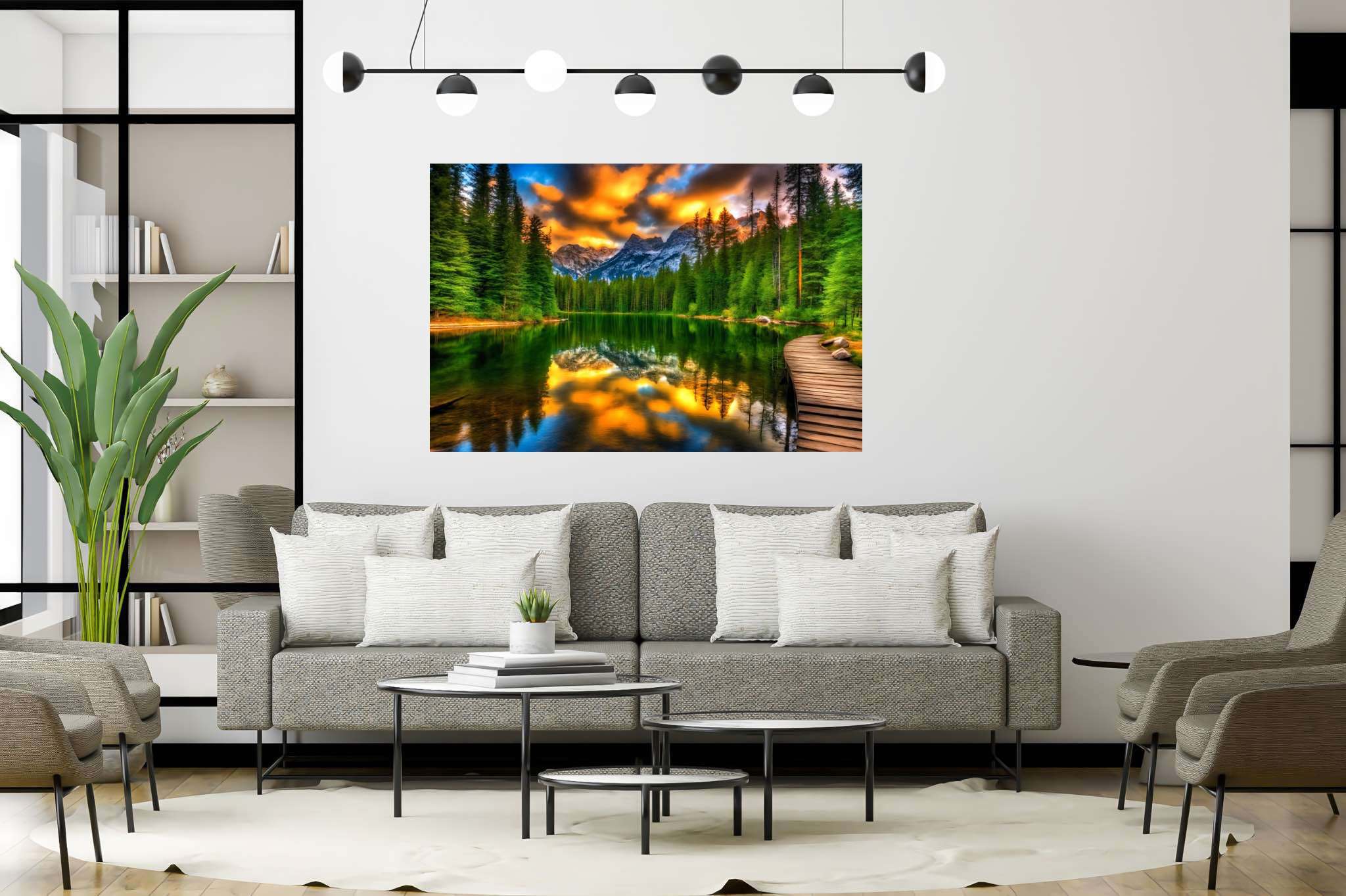 Hush of dusk's embrace: Serene sunset art with tranquil evening artwork, in a room with modern style, framed art, and luxe decor. The art can be printed on poster, framed poster, canvas, metal, acrylic or wood, exclusively at WallArtZen. Find this exact print at https://wallartzen.com/waz167