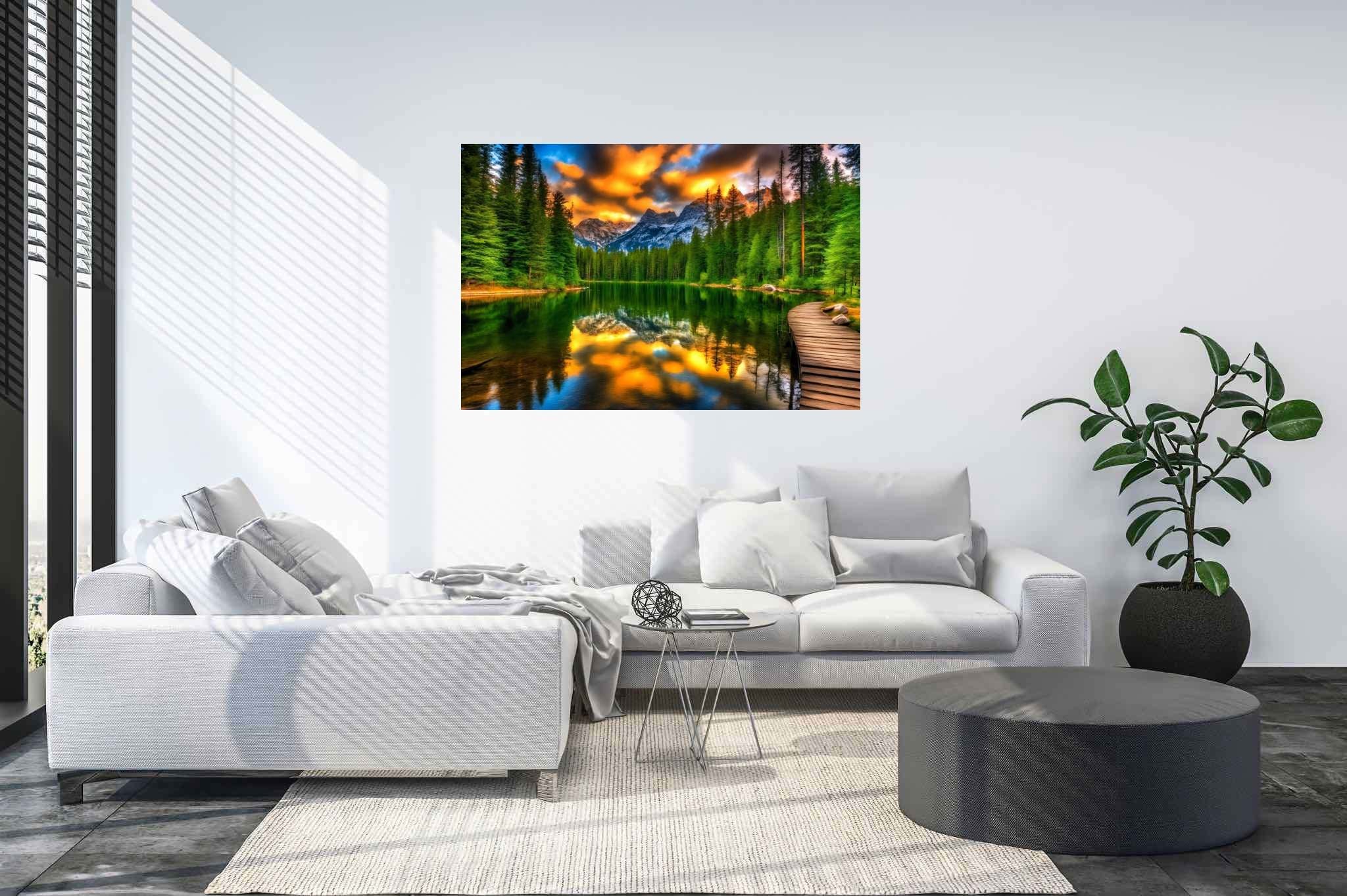 Hush of dusk's embrace: Serene sunset art with peaceful landscape painting, in a room with contemporary flair, wall art, and designer furniture. The art can be printed on poster, framed poster, canvas, metal, acrylic or wood, exclusively at WallArtZen. Find this exact print at https://wallartzen.com/waz167