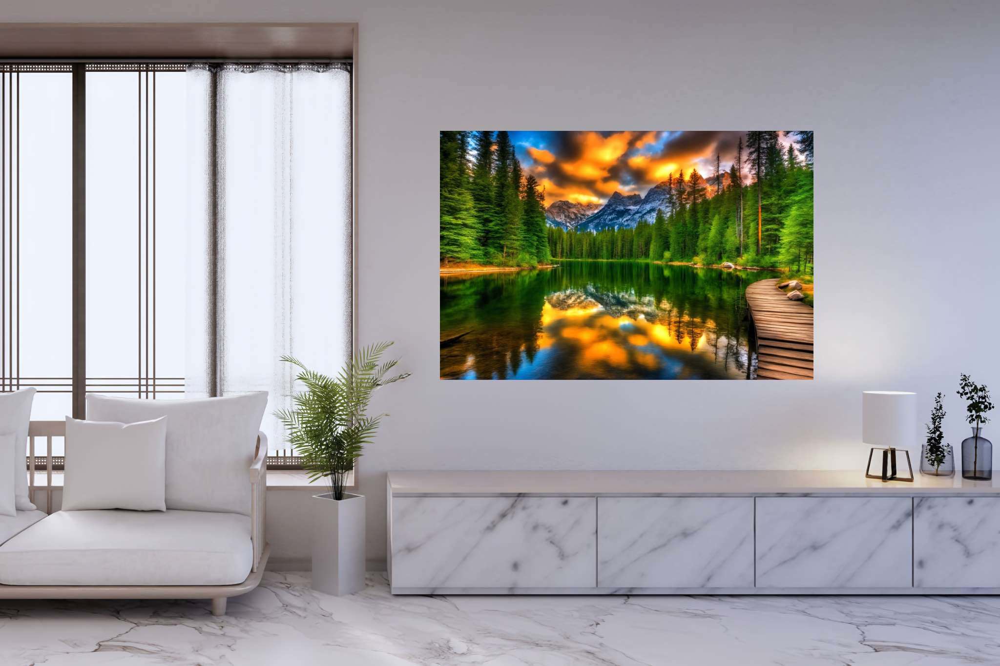 Hush of dusk's embrace: Serene sunset art with harmonious dusk art, in a room with artistic style, digital art pieces, and home furnishings. The art can be printed on poster, framed poster, canvas, metal, acrylic or wood, exclusively at WallArtZen. Find this exact print at https://wallartzen.com/waz167