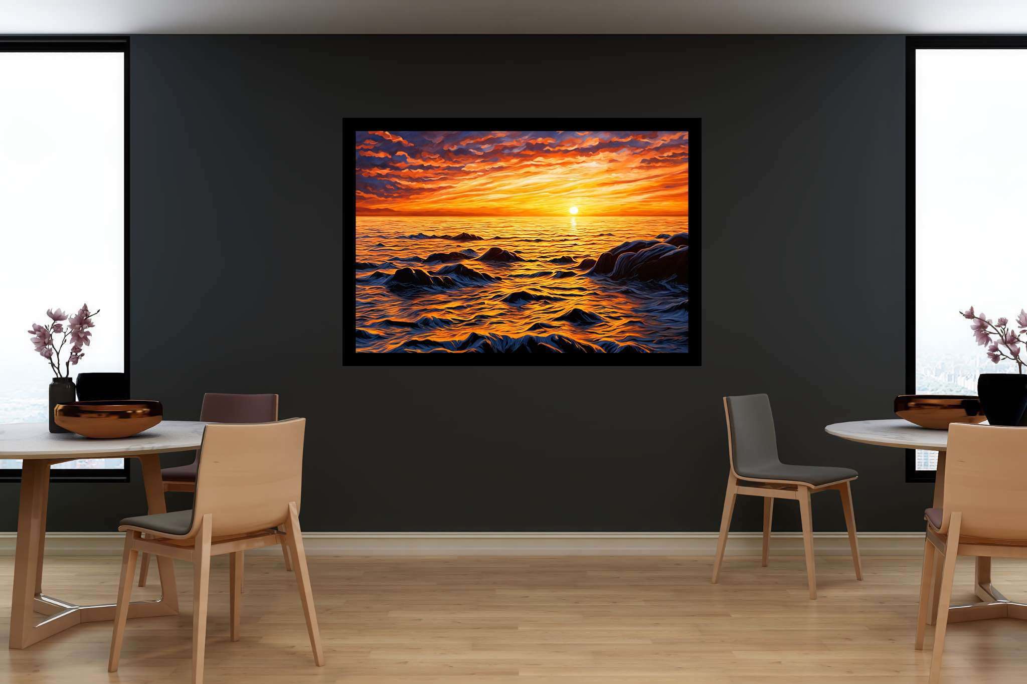 Dusk's tapestry embrace: Sunset art with celestial beauty, in a room with great design, bespoke art designs, and stylish accessories. The art can be printed on poster, framed poster, canvas, metal, acrylic or wood, exclusively at WallArtZen. Find this exact print at https://wallartzen.com/waz168
