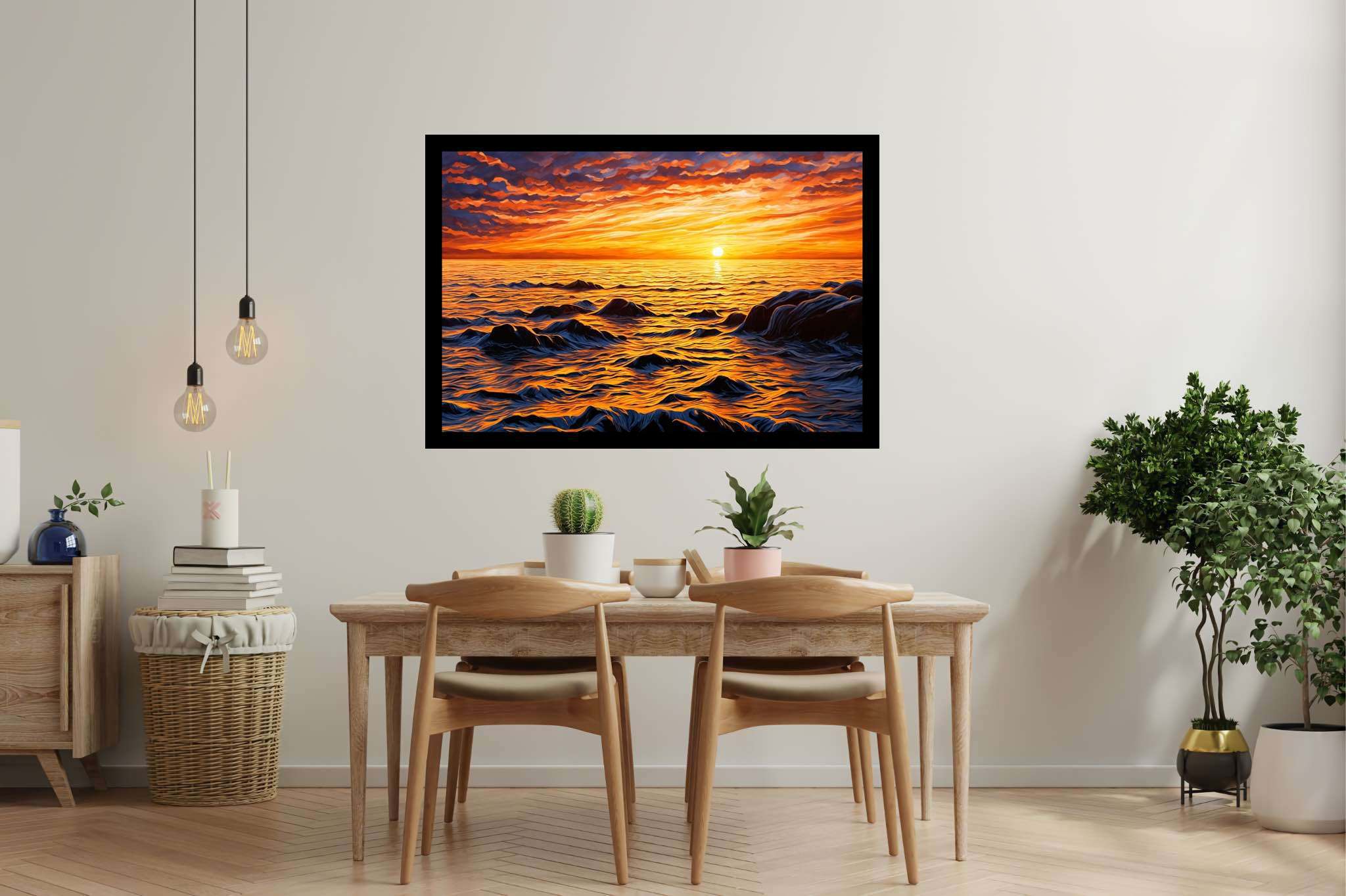Dusk's tapestry embrace: Sunset art with celestial beauty, in a room with urban design, wall art, and home furnishings. The art can be printed on poster, framed poster, canvas, metal, acrylic or wood, exclusively at WallArtZen. Find this exact print at https://wallartzen.com/waz168