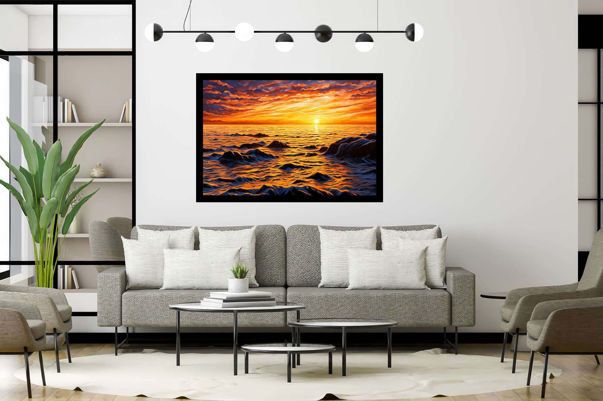 Dusk's tapestry embrace: Sunset art with vibrant colors, in a room with artistic style, framed art, and home furnishings. The art can be printed on poster, framed poster, canvas, metal, acrylic or wood, exclusively at WallArtZen. Find this exact print at https://wallartzen.com/waz168