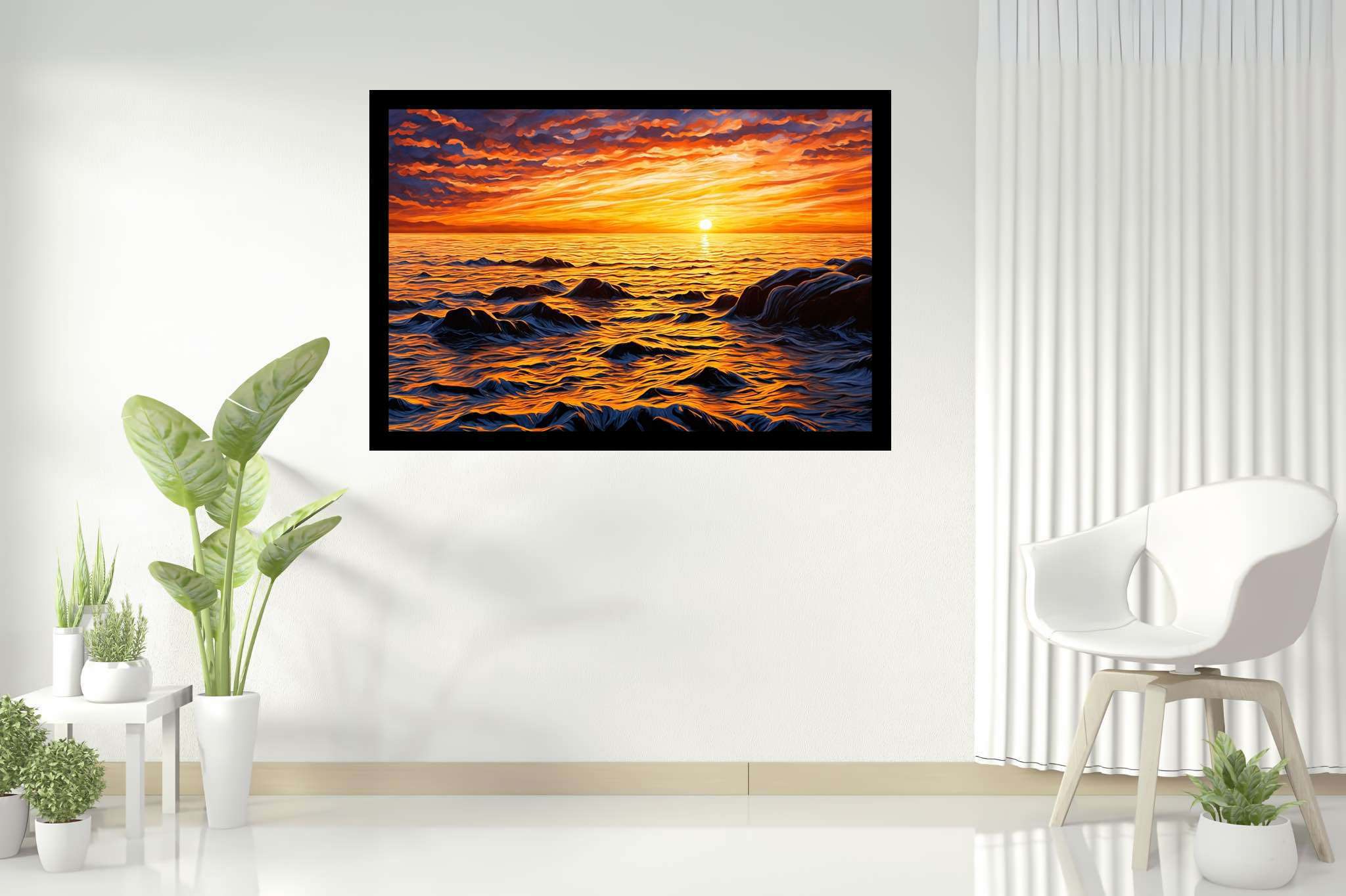 Dusk's tapestry embrace: Sunset art with atmospheric scenery, in a room with innovative layout, digital art pieces, and trendy home accents. The art can be printed on poster, framed poster, canvas, metal, acrylic or wood, exclusively at WallArtZen. Find this exact print at https://wallartzen.com/waz168