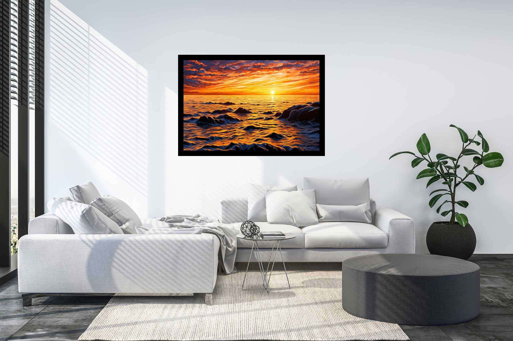 Dusk's tapestry embrace: Sunset art with landscape painting, in a room with contemporary flair, abstract paintings, and artisan decor. The art can be printed on poster, framed poster, canvas, metal, acrylic or wood, exclusively at WallArtZen. Find this exact print at https://wallartzen.com/waz168