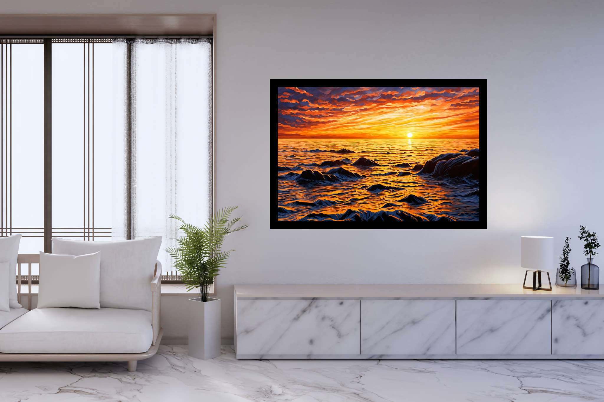Dusk's tapestry embrace: Sunset art with stunning sky, in a room with minimalist approach, canvas prints, and trendy home accents. The art can be printed on poster, framed poster, canvas, metal, acrylic or wood, exclusively at WallArtZen. Find this exact print at https://wallartzen.com/waz168