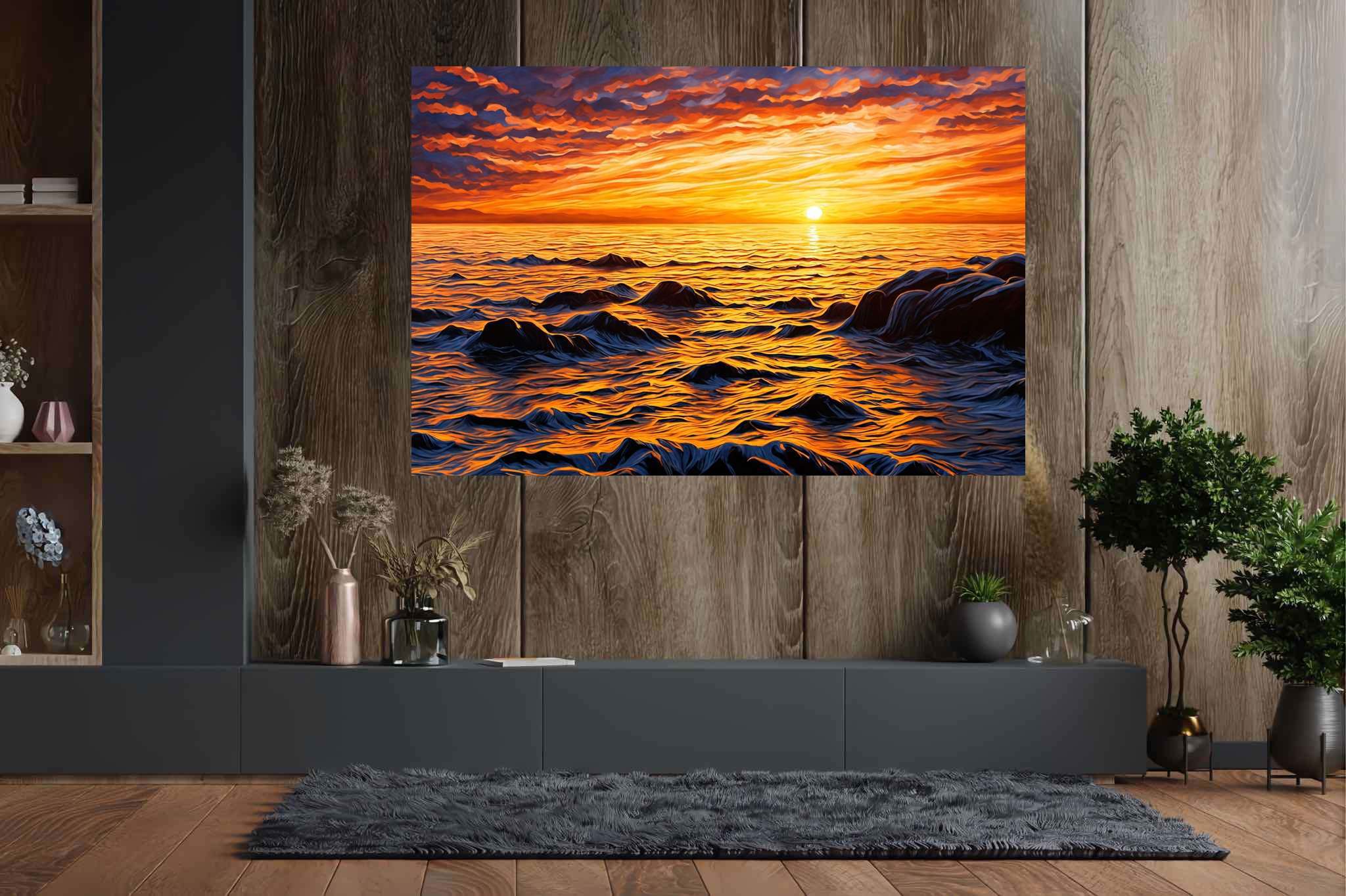 Dusk's tapestry embrace: Sunset art with golden hour, in a room with modern style, wall art, and elegant home goods. The art can be printed on poster, framed poster, canvas, metal, acrylic or wood, exclusively at WallArtZen. Find this exact print at https://wallartzen.com/waz168