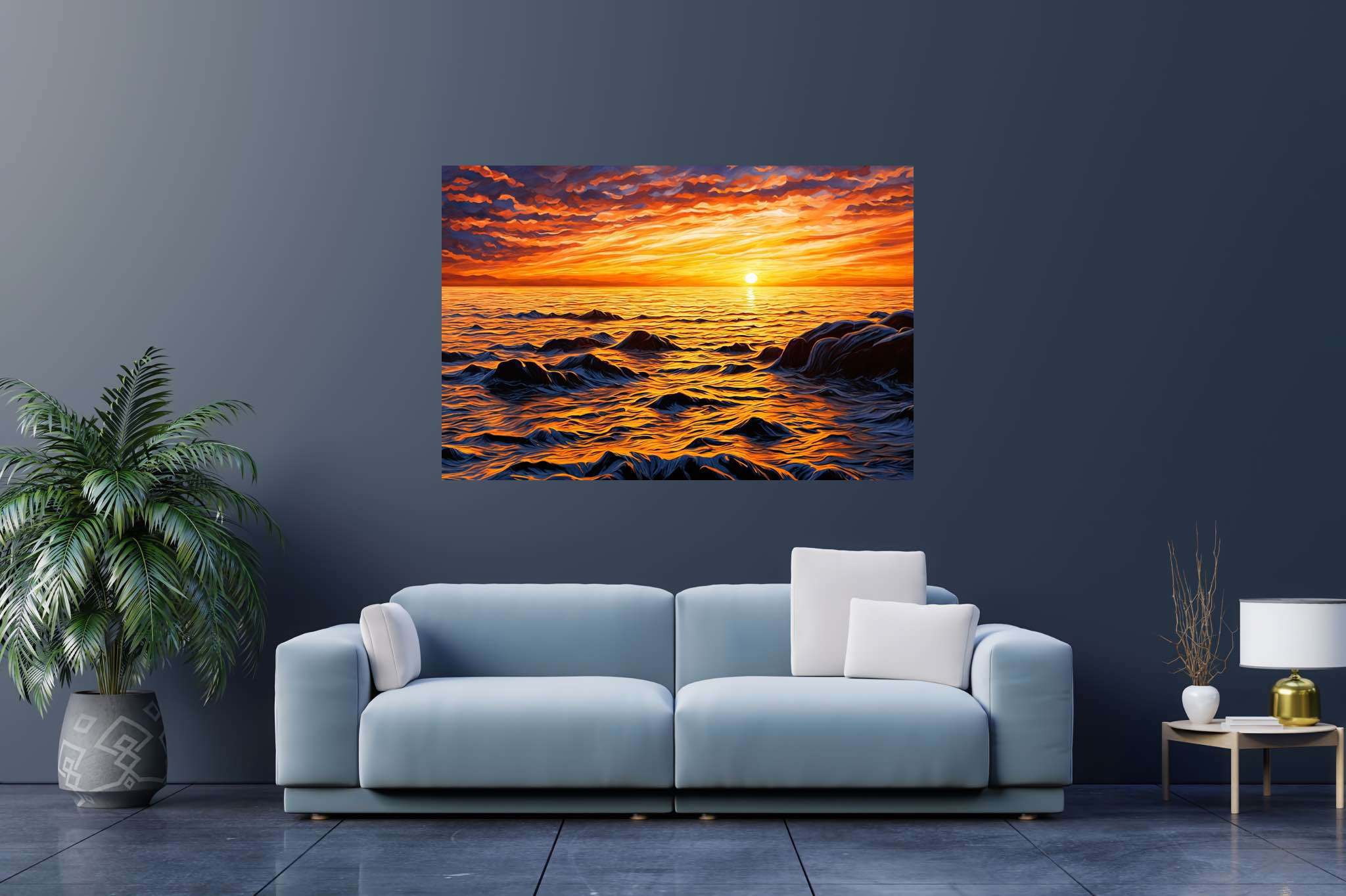 Dusk's tapestry embrace: Sunset art with landscape painting, in a room with contemporary flair, abstract paintings, and stylish accessories. The art can be printed on poster, framed poster, canvas, metal, acrylic or wood, exclusively at WallArtZen. Find this exact print at https://wallartzen.com/waz168