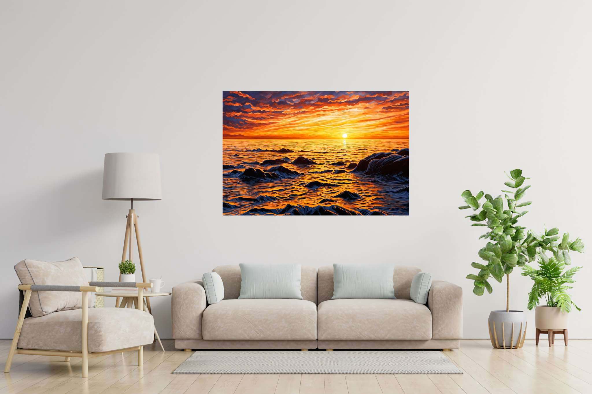 Dusk's tapestry embrace: Sunset art with romantic vibes, in a room with contemporary flair, bespoke art designs, and elegant home goods. The art can be printed on poster, framed poster, canvas, metal, acrylic or wood, exclusively at WallArtZen. Find this exact print at https://wallartzen.com/waz168