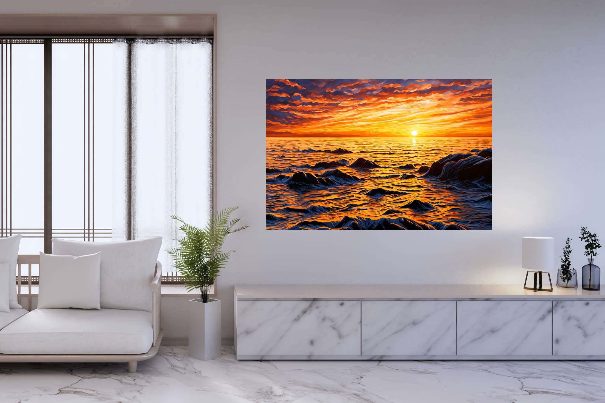Dusk's tapestry embrace: Sunset art with vibrant colors, in a room with artistic style, mural artworks, and decorative pieces. The art can be printed on poster, framed poster, canvas, metal, acrylic or wood, exclusively at WallArtZen. Find this exact print at https://wallartzen.com/waz168