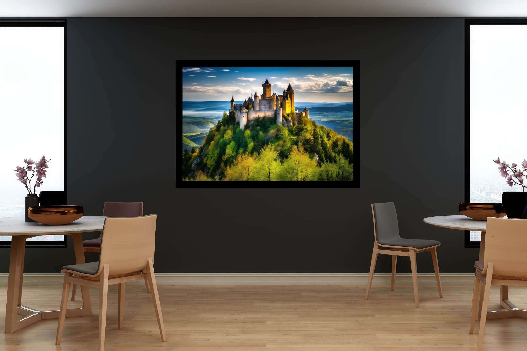 Realm of spires and dreams: Castle art with castle art, in a room with urban design, bespoke art designs, and stylish accessories. The art can be printed on poster, framed poster, canvas, metal, acrylic or wood, exclusively at WallArtZen. Find this exact print at https://wallartzen.com/waz169